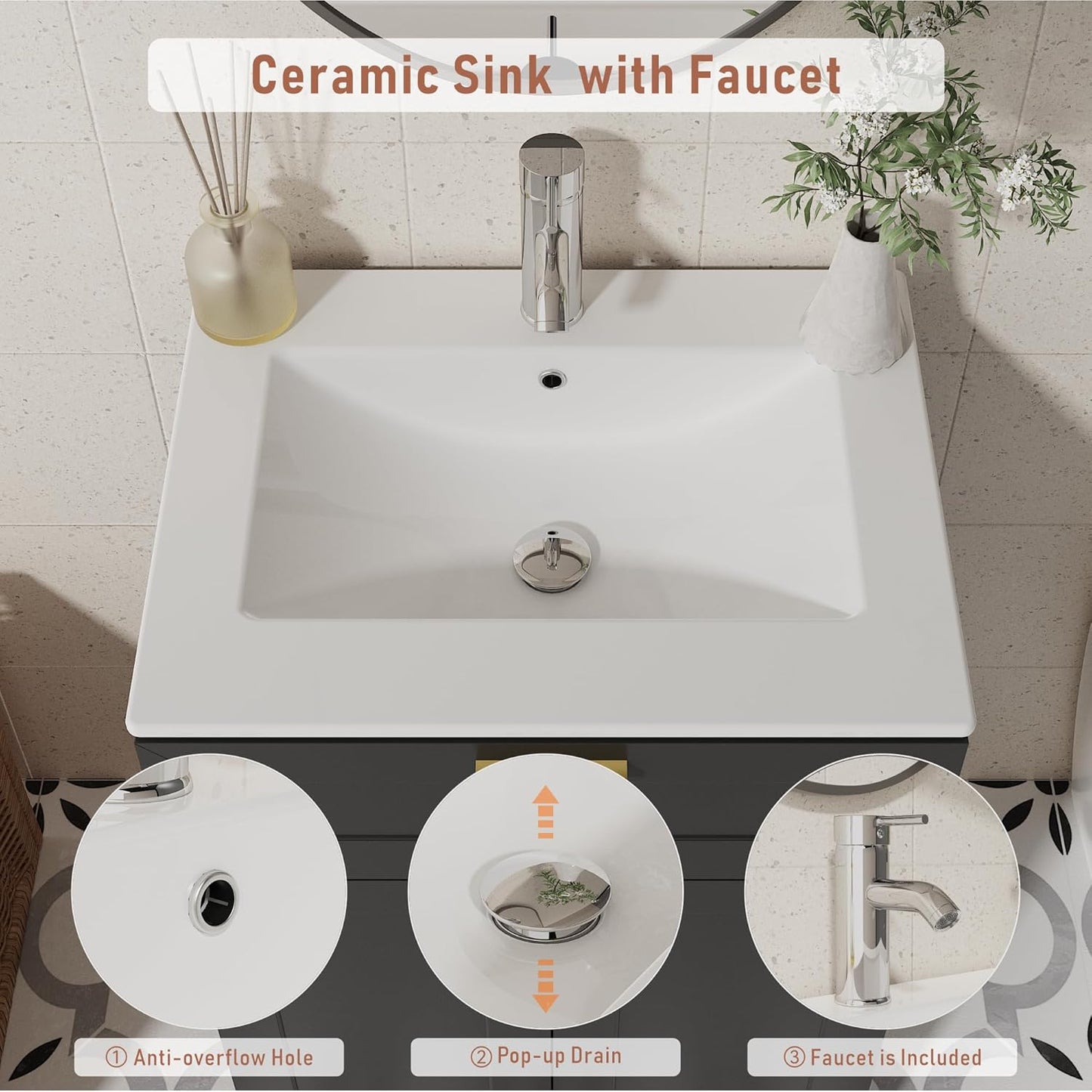 Bathroom Vanity with Ceramic Sink (24 Inch, Cabinet ONLY, Black) - Image 6