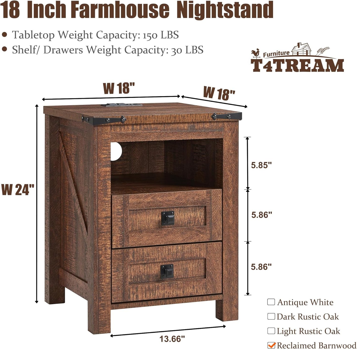 2 DRAWERS Nightstand with Charging Station - Reclaimed Barnwood Color - Image 7