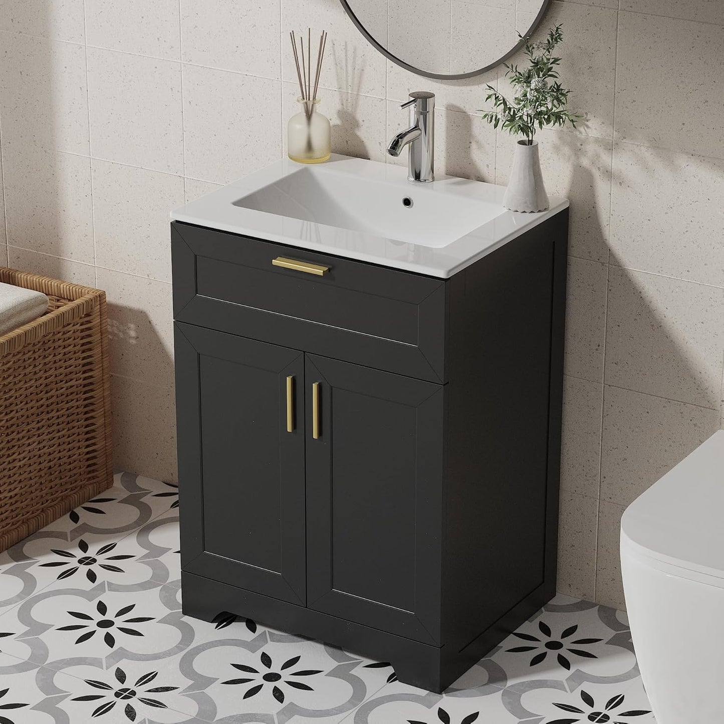 Bathroom Vanity with Ceramic Sink (24 Inch, Cabinet ONLY, Black) - Image 1