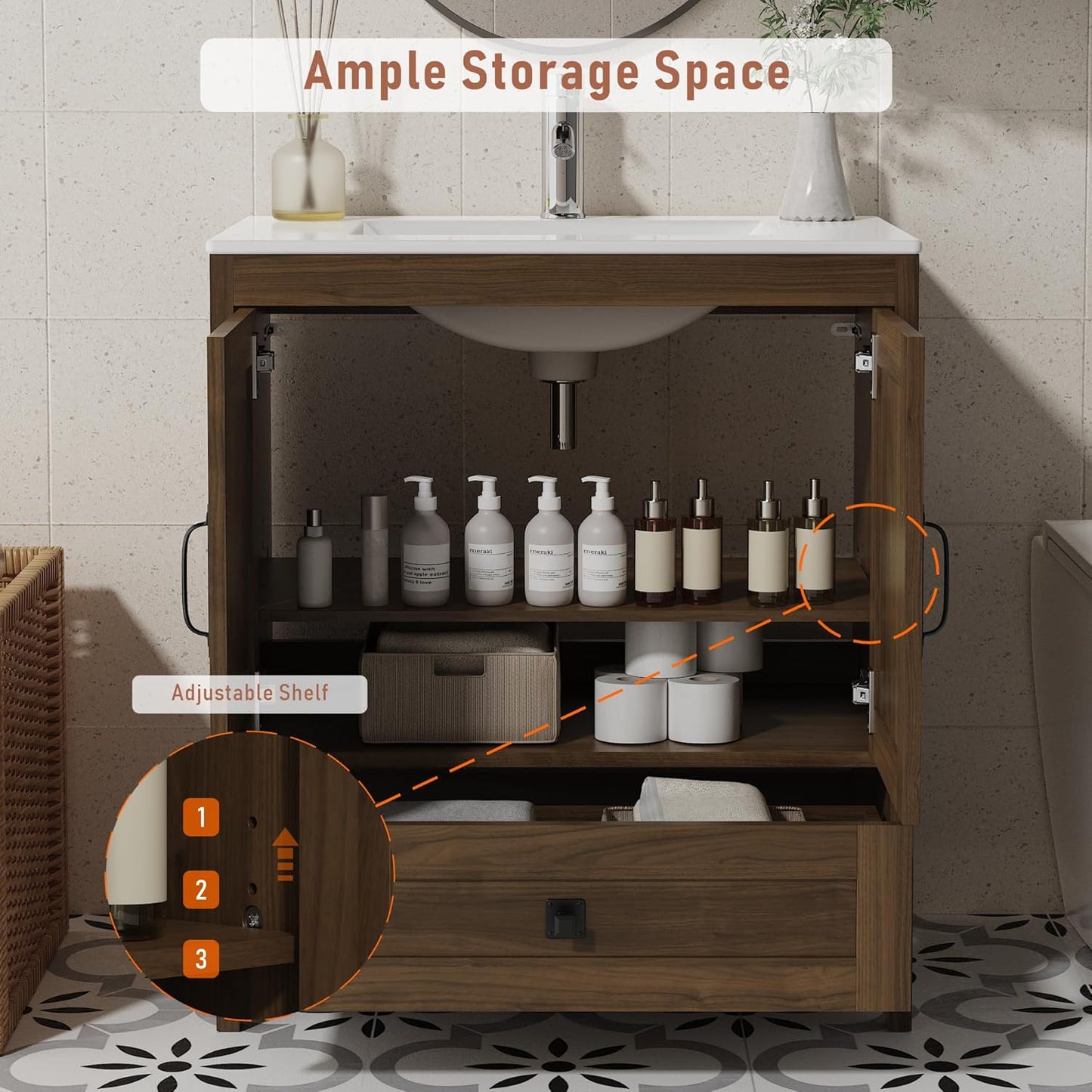 Bathroom Vanity with Ceramic Sink (30 Inch, Cabinet ONLY, Brown) - Image 4