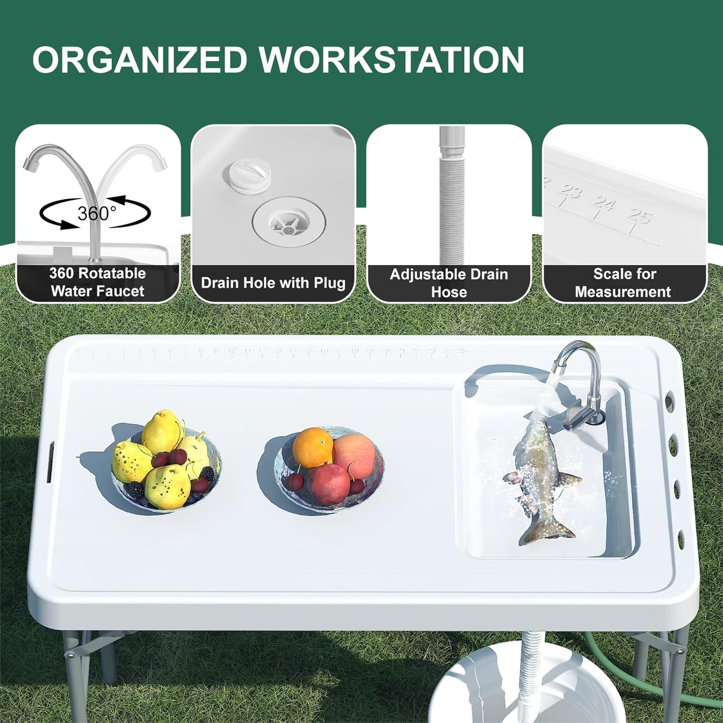 42.5" Fish Cleaning Table with Sink, Folding Camping Table & Fish Cleaning Station - Image 3
