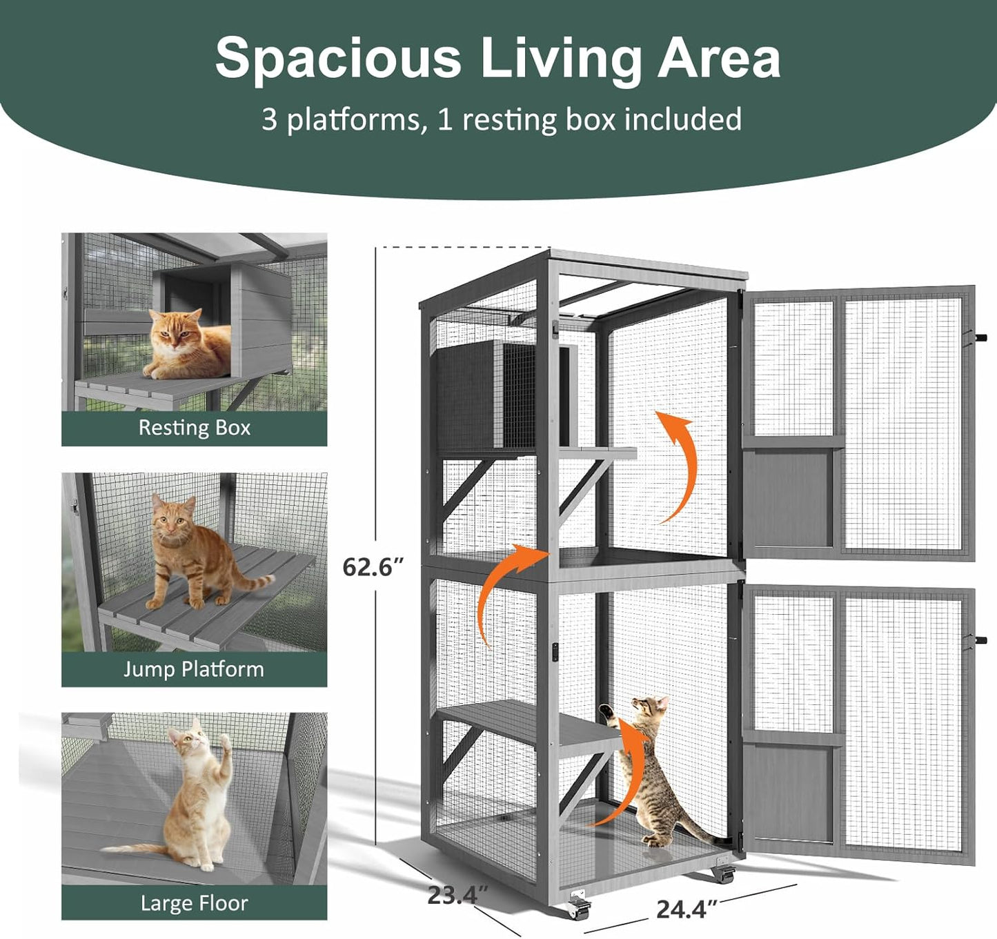 Cat Catio Outdoor Enclosure, 4 Tiers Cat Playen Catio with Wheels - Image 2