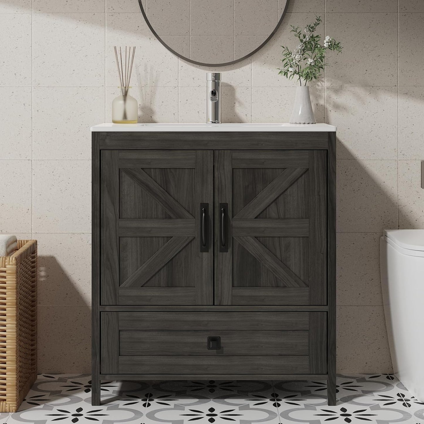 Bathroom Vanity with Ceramic Sink (30 Inch, Cabinet ONLY, Dark Grey) - Image 9
