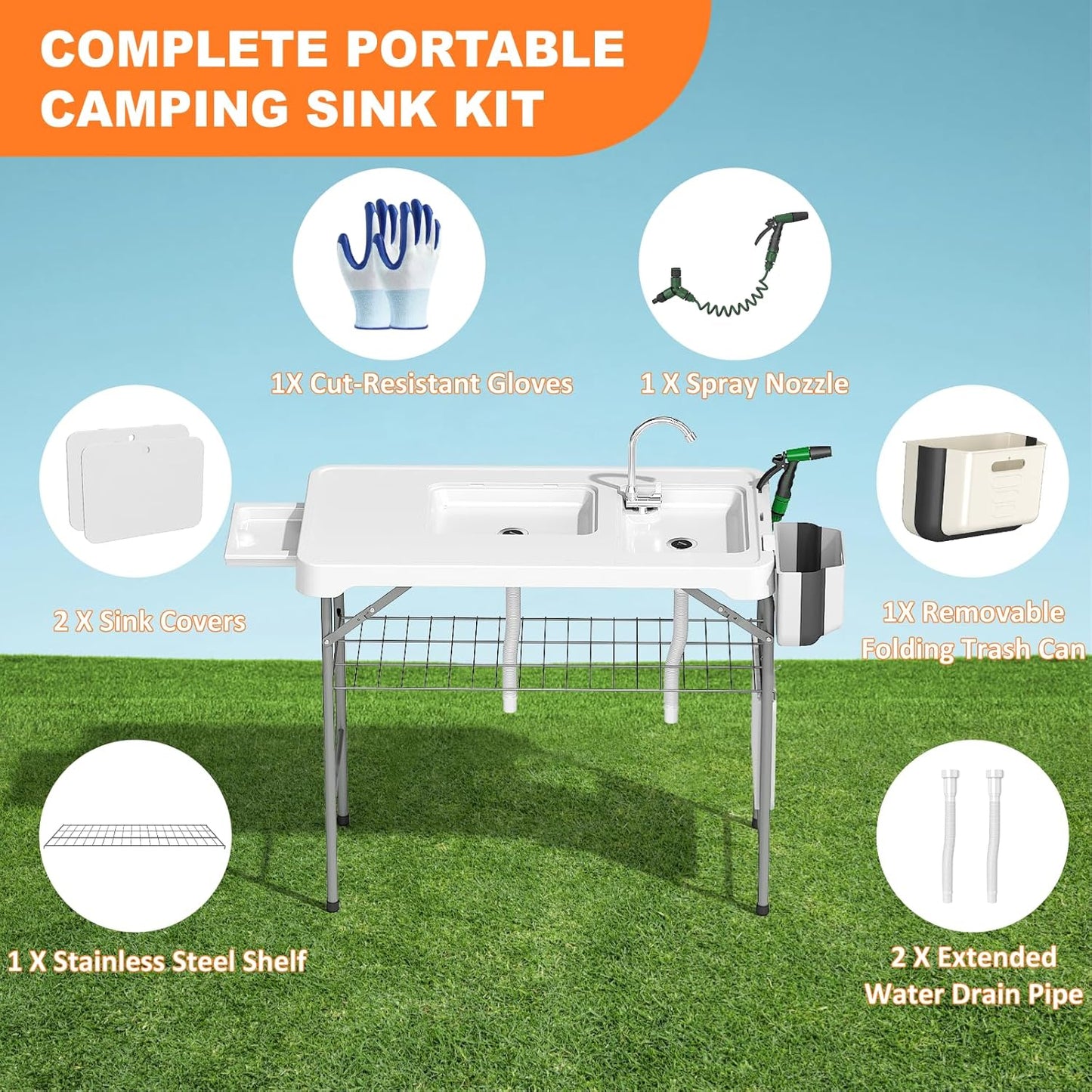 Folding Fish Cleaning Table with 2 Sinks, 42.5'' Portable Camping Sink Table - Image 4