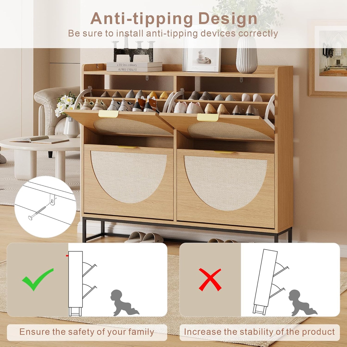 Narrow Shoe Storage Cabinet (Rattan, 4 Flip) - Image 6