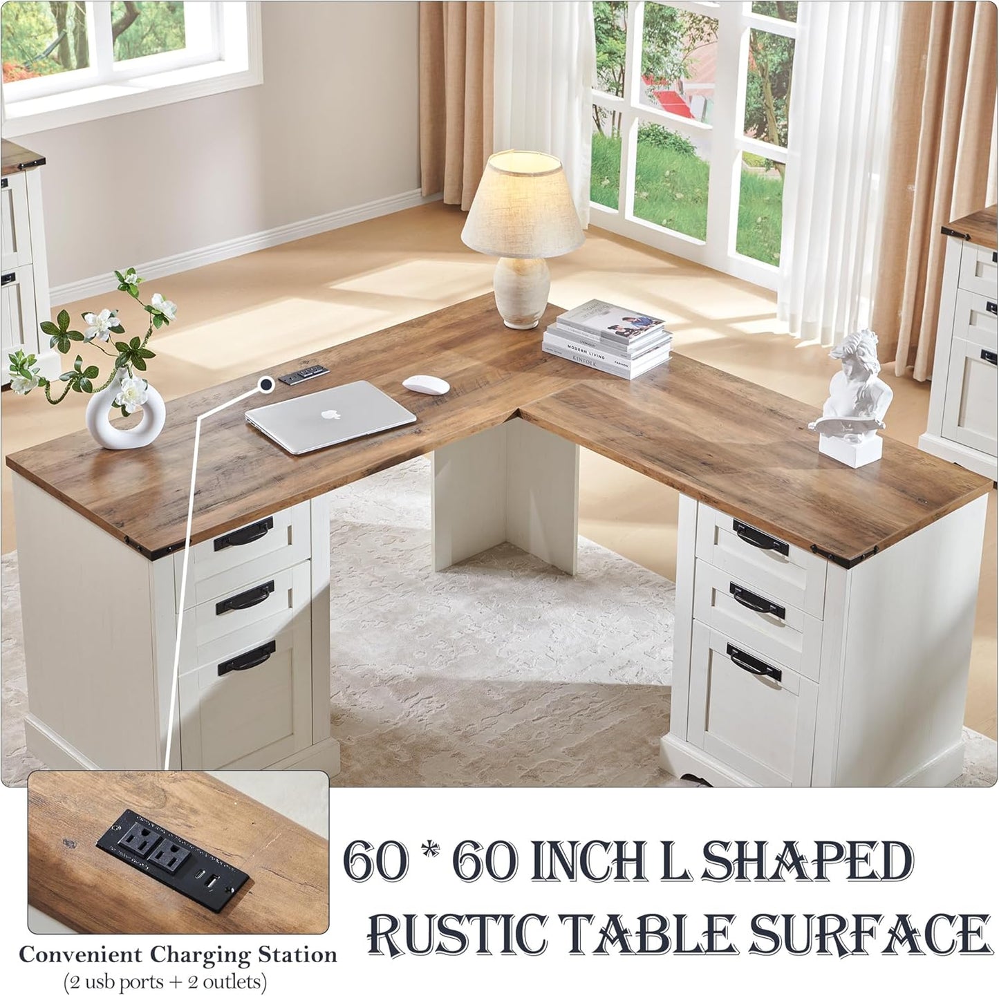60" Farmhouse L Shaped Executive Desk with Drawers - Image 3