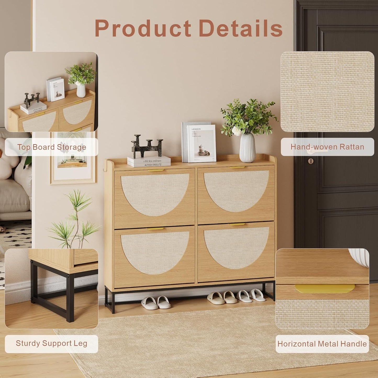 Narrow Shoe Storage Cabinet (Rattan, 4 Flip) - Image 4