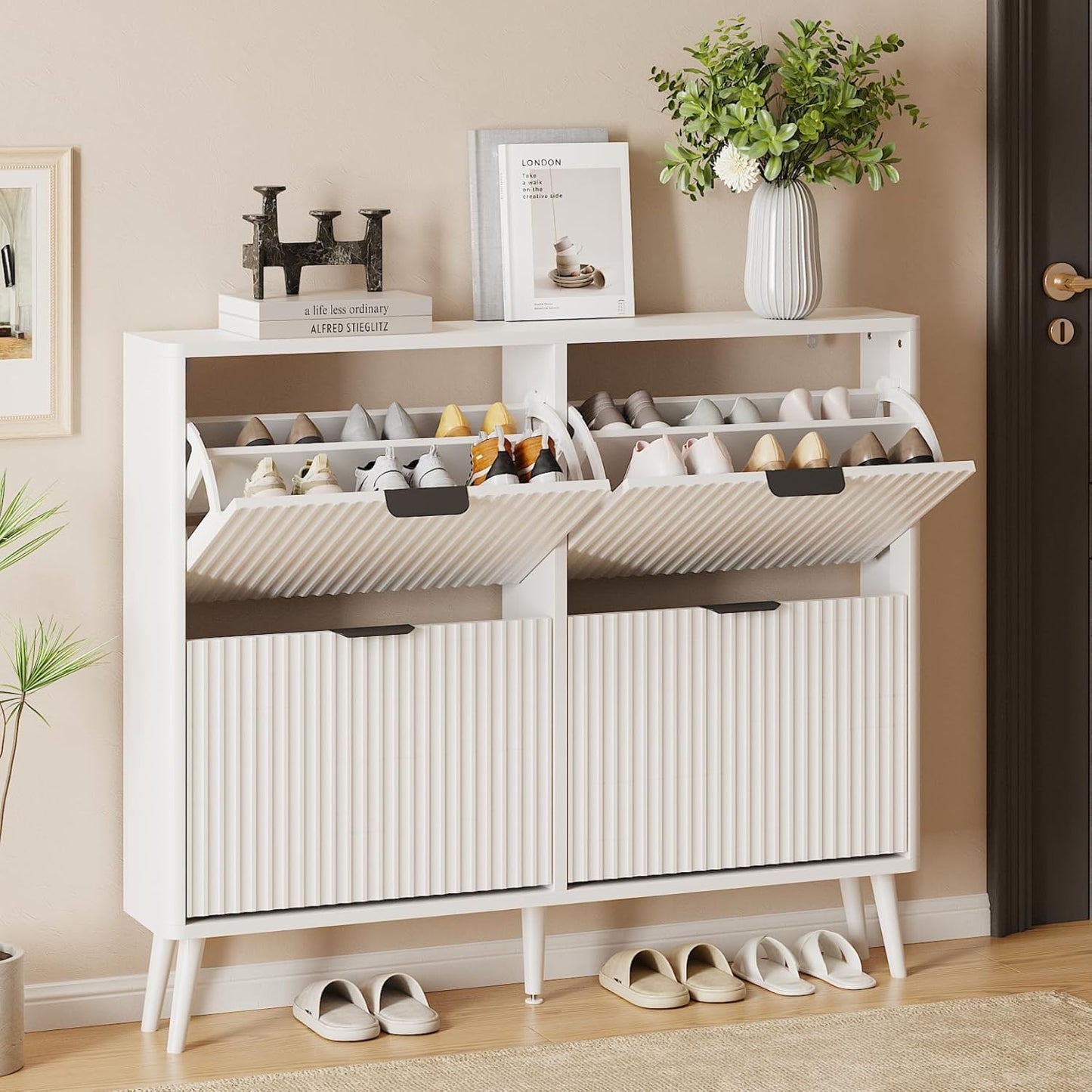 Narrow Shoe Storage Cabinet, Freestanding Shoe Cabinet Organizer for Entryway, Hallway (Pure White, 4 Flip) - Image 1