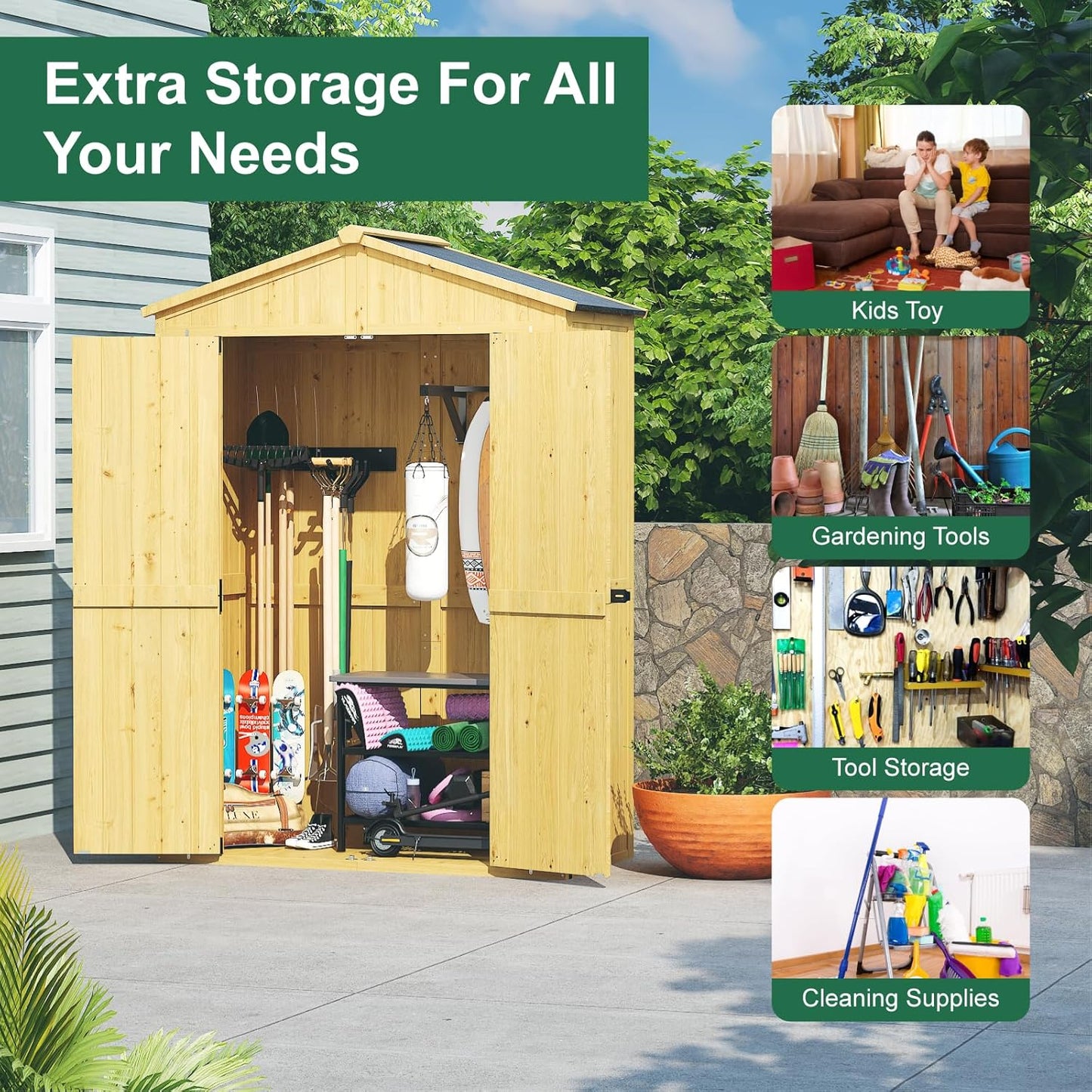 Outdoor Storage Shed, 76'' Outdoor Shed Storage Cabinet, Garden Shed, Wood Tool Shed - Image 6