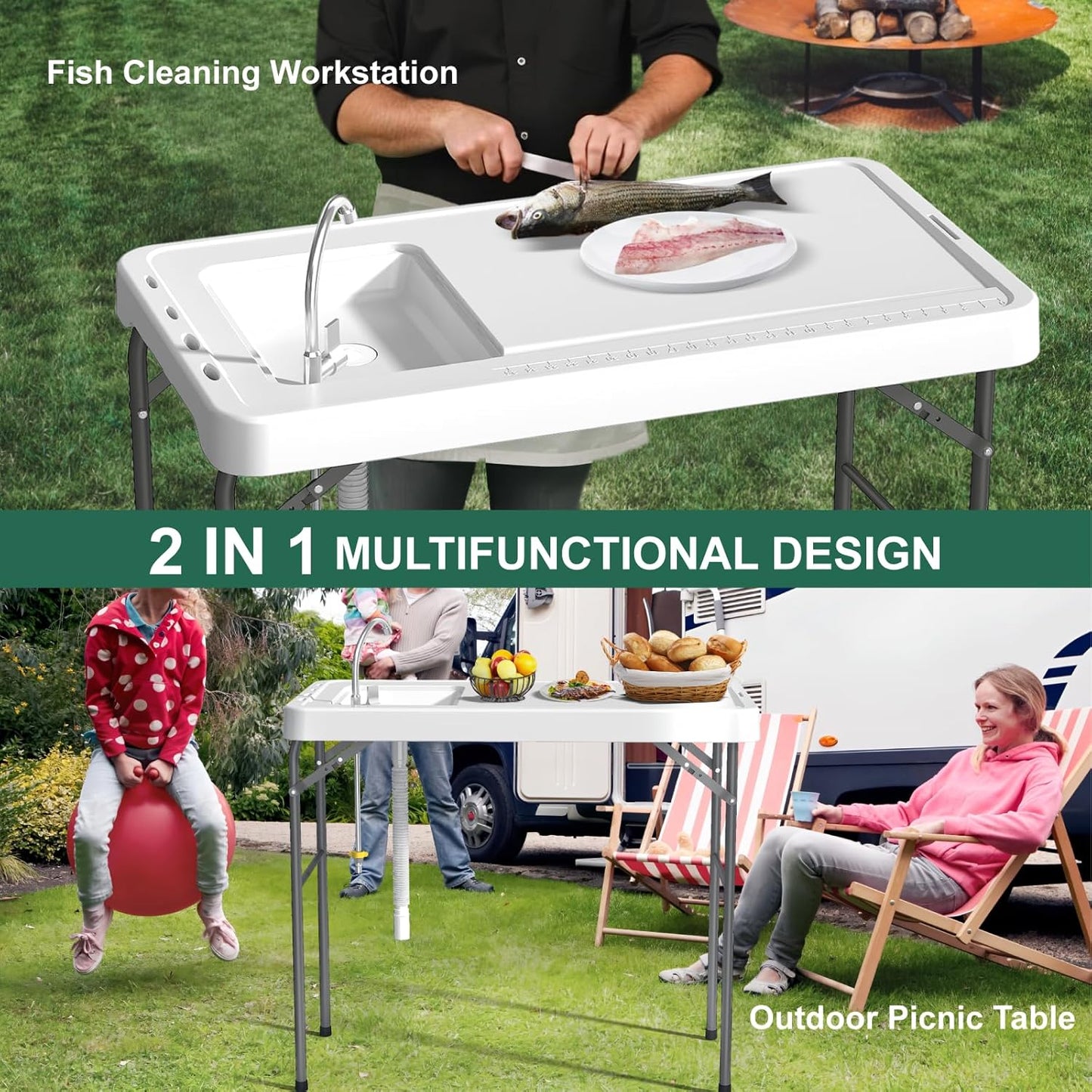 42.5" Fish Cleaning Table with Sink, Folding Camping Table & Fish Cleaning Station - Image 4