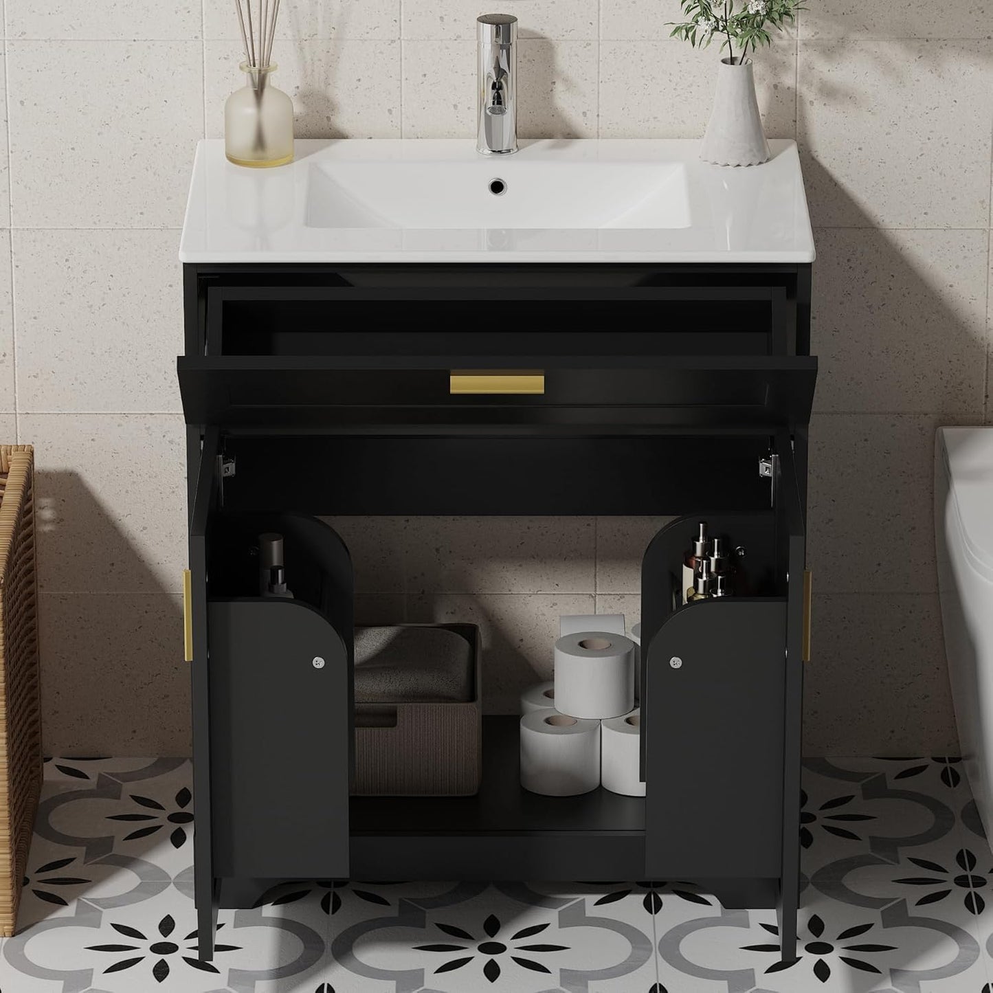 Bathroom Vanity with Ceramic Sink (30 Inch, Cabinet ONLY, Black) - Image 9