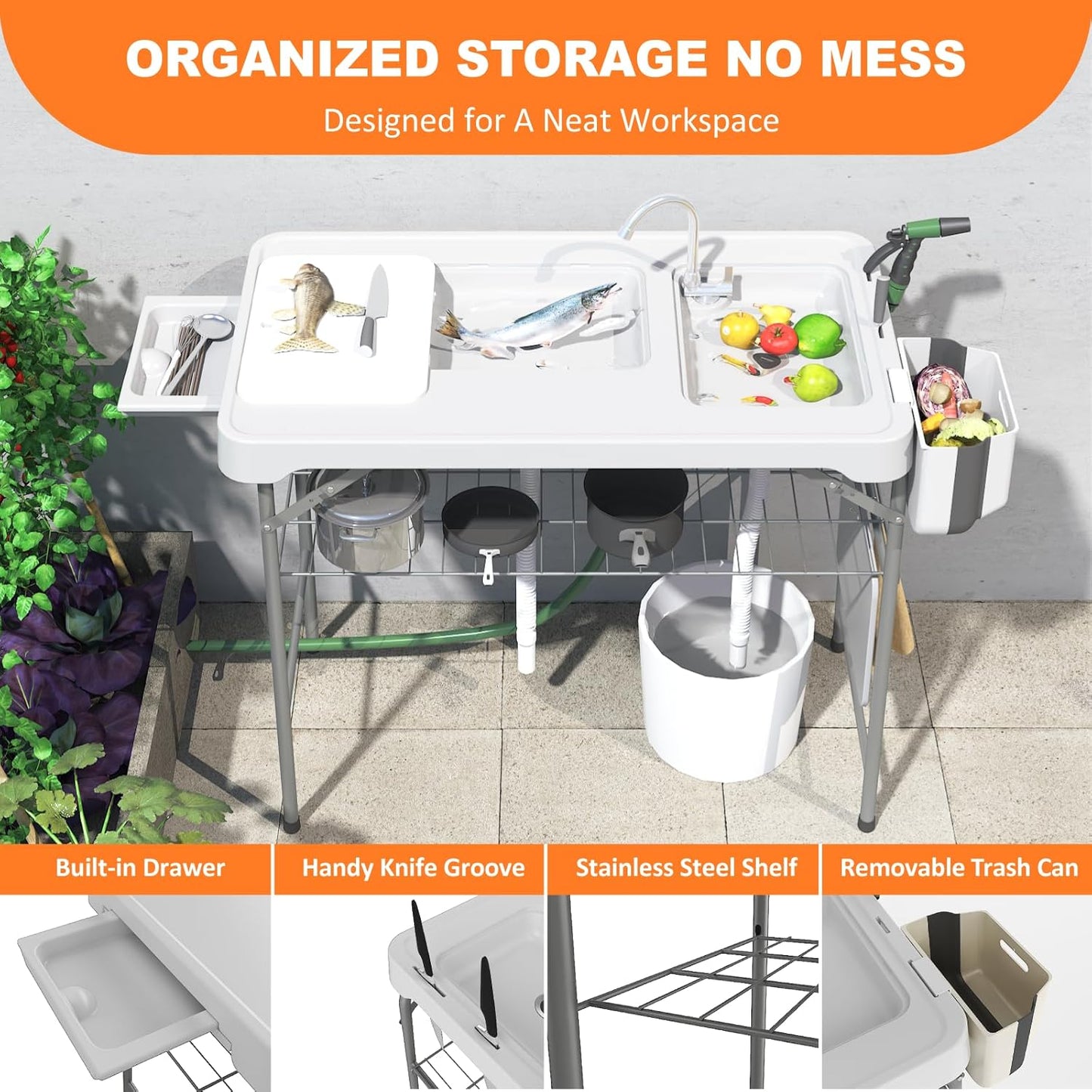Folding Fish Cleaning Table with 2 Sinks, 42.5'' Portable Camping Sink Table - Image 5