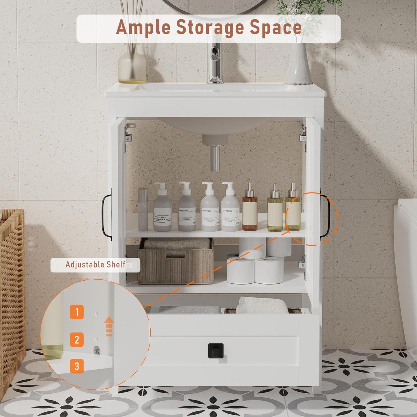 Bathroom Vanity with Ceramic Sink (24 Inch, Cabinet ONLY, White) - Image 4