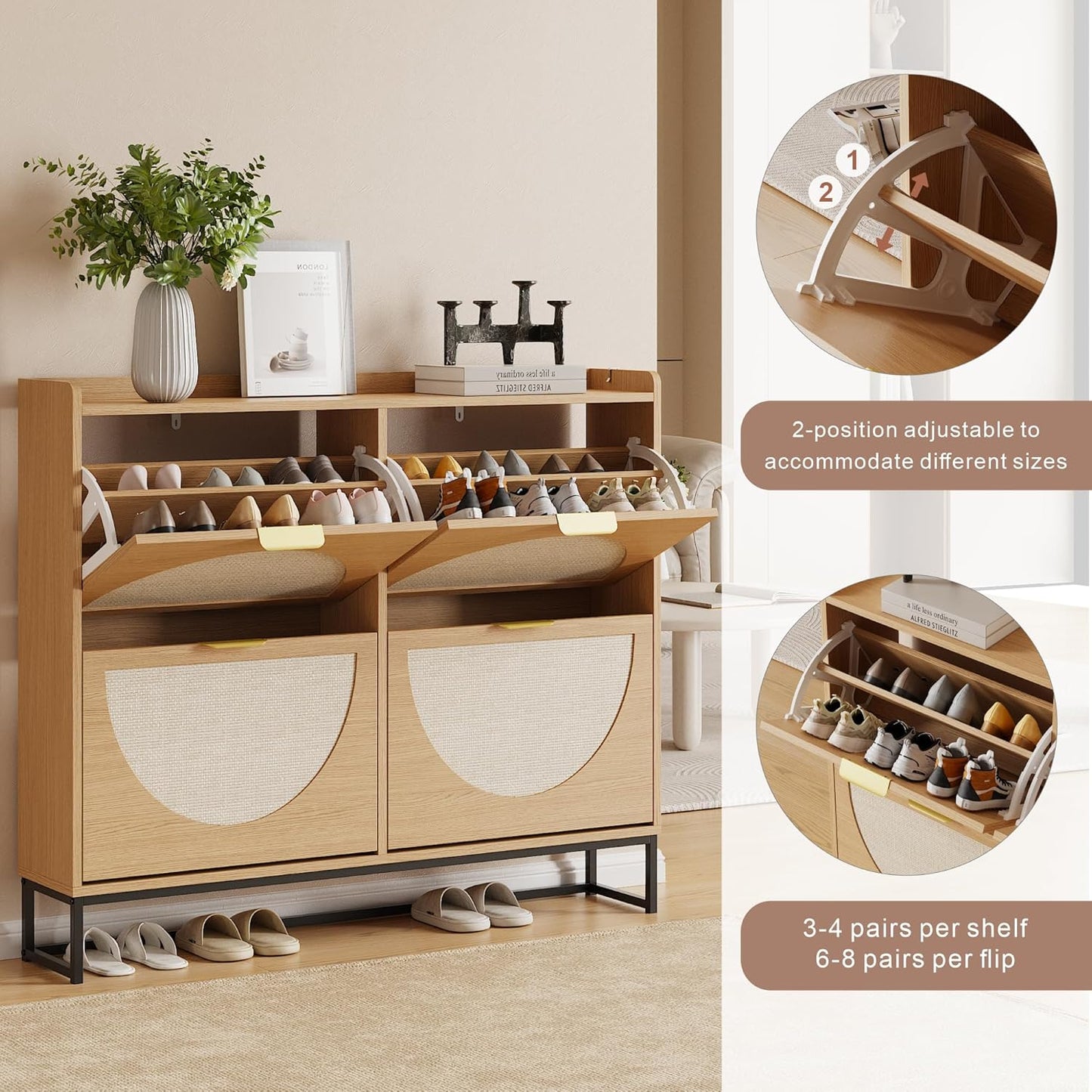 Narrow Shoe Storage Cabinet (Rattan, 4 Flip) - Image 3