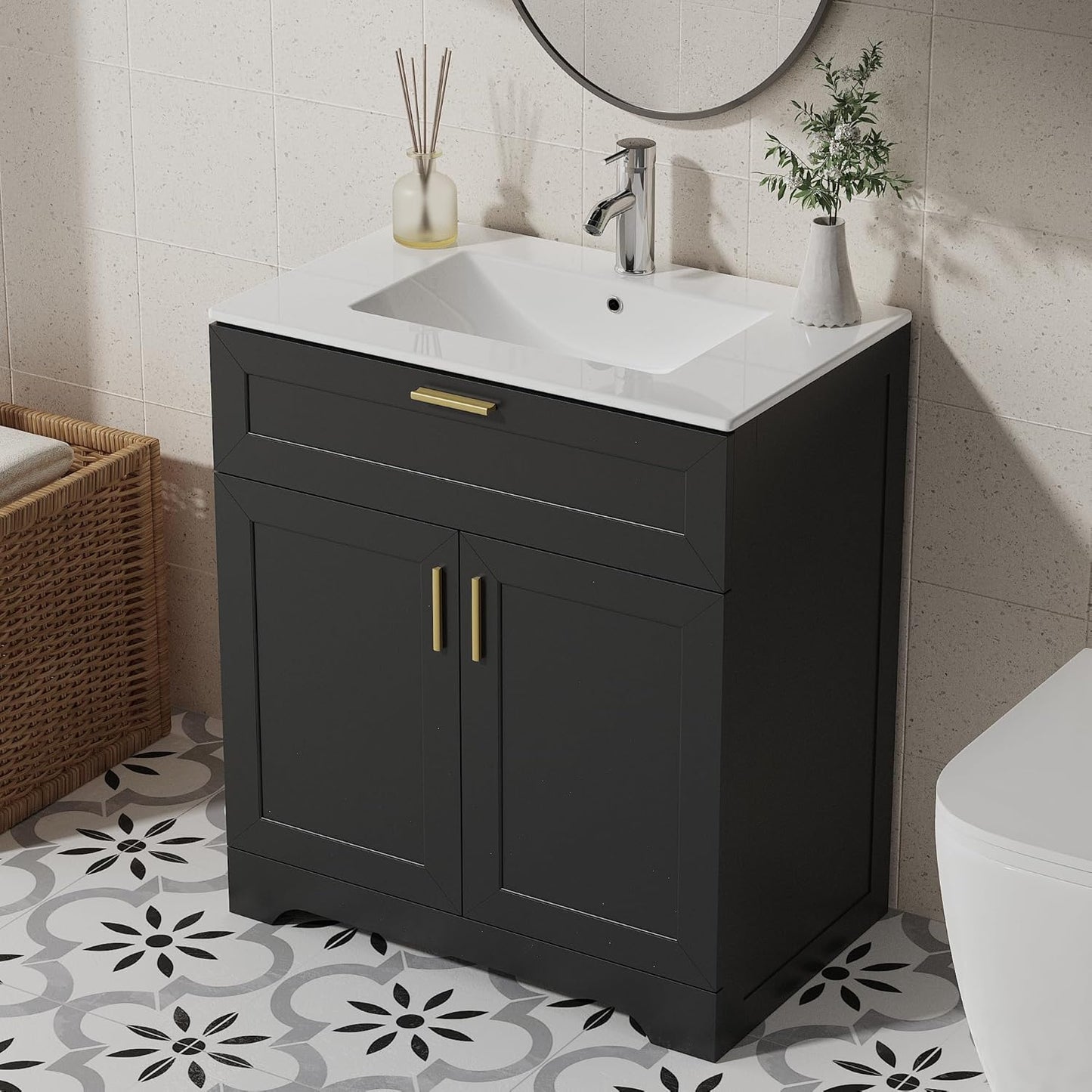 Bathroom Vanity with Ceramic Sink (30 Inch, Cabinet ONLY, Black) - Image 1