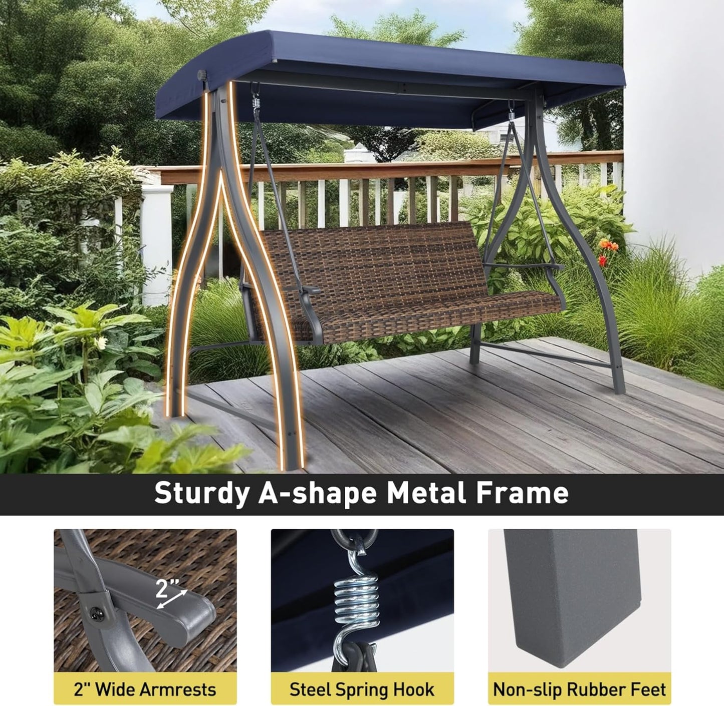 3 Seat Outdoor Porch Swing with Adjustable Canopy, PE Wicker Patio Swing Chair with Quick-Drying Foam Seat, 882 LBS Capacity - Image 6