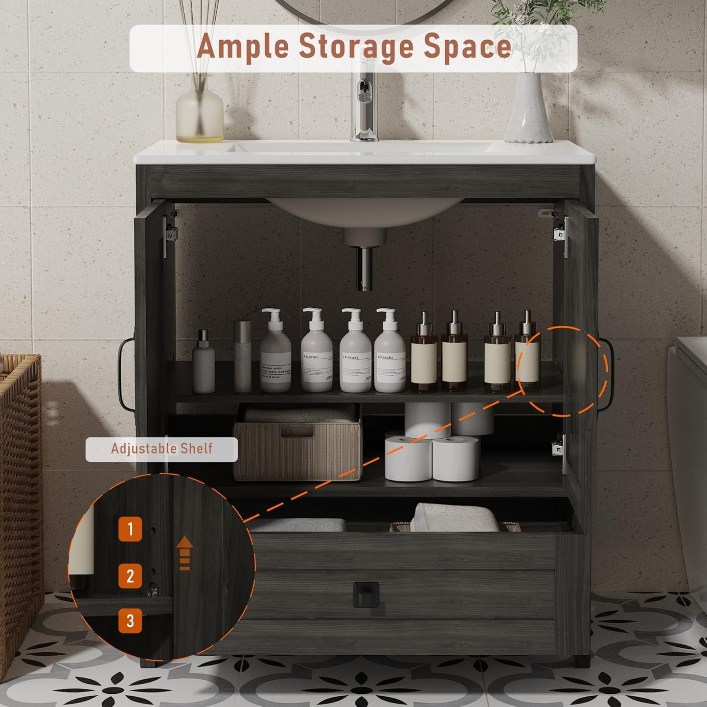 Bathroom Vanity with Ceramic Sink (30 Inch, Cabinet ONLY, Dark Grey) - Image 4