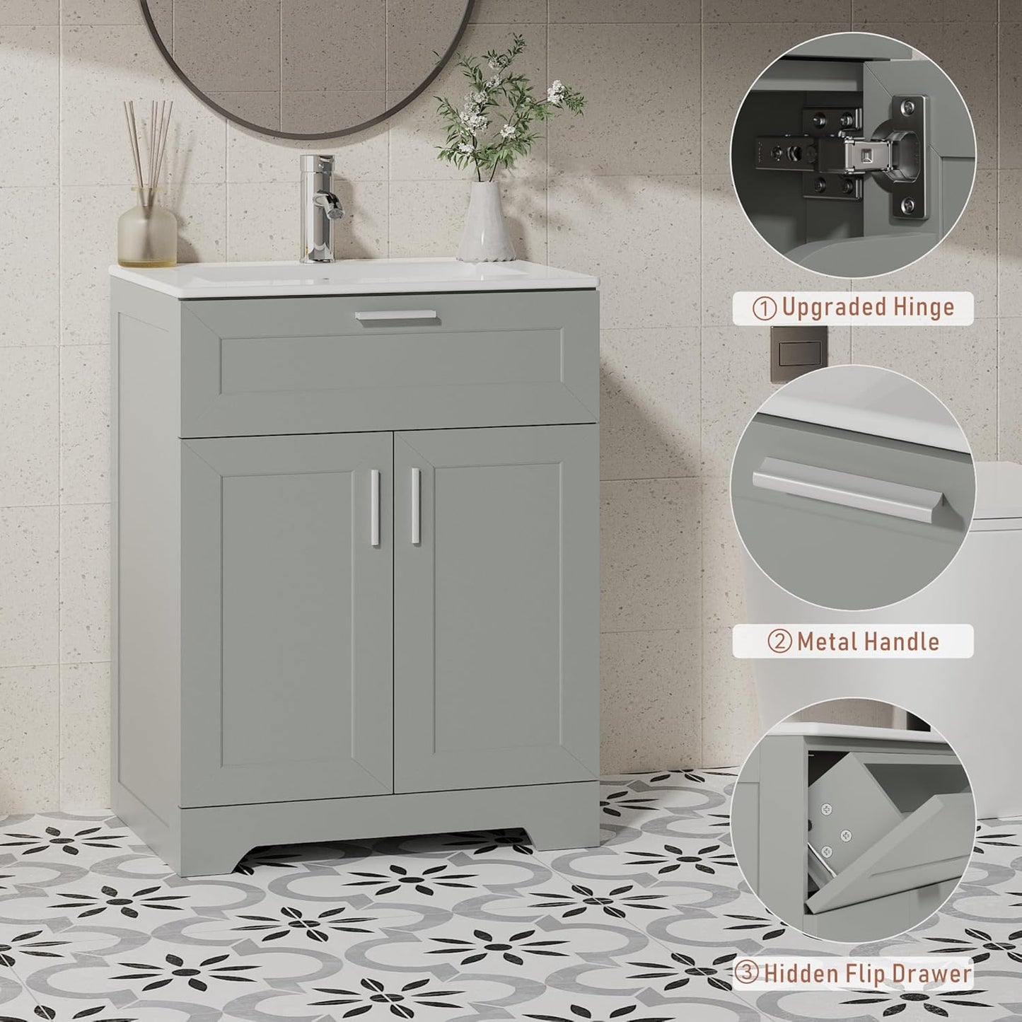 Bathroom Vanity with Ceramic Sink (24 Inch, Cabinet ONLY, Grey) - Image 7