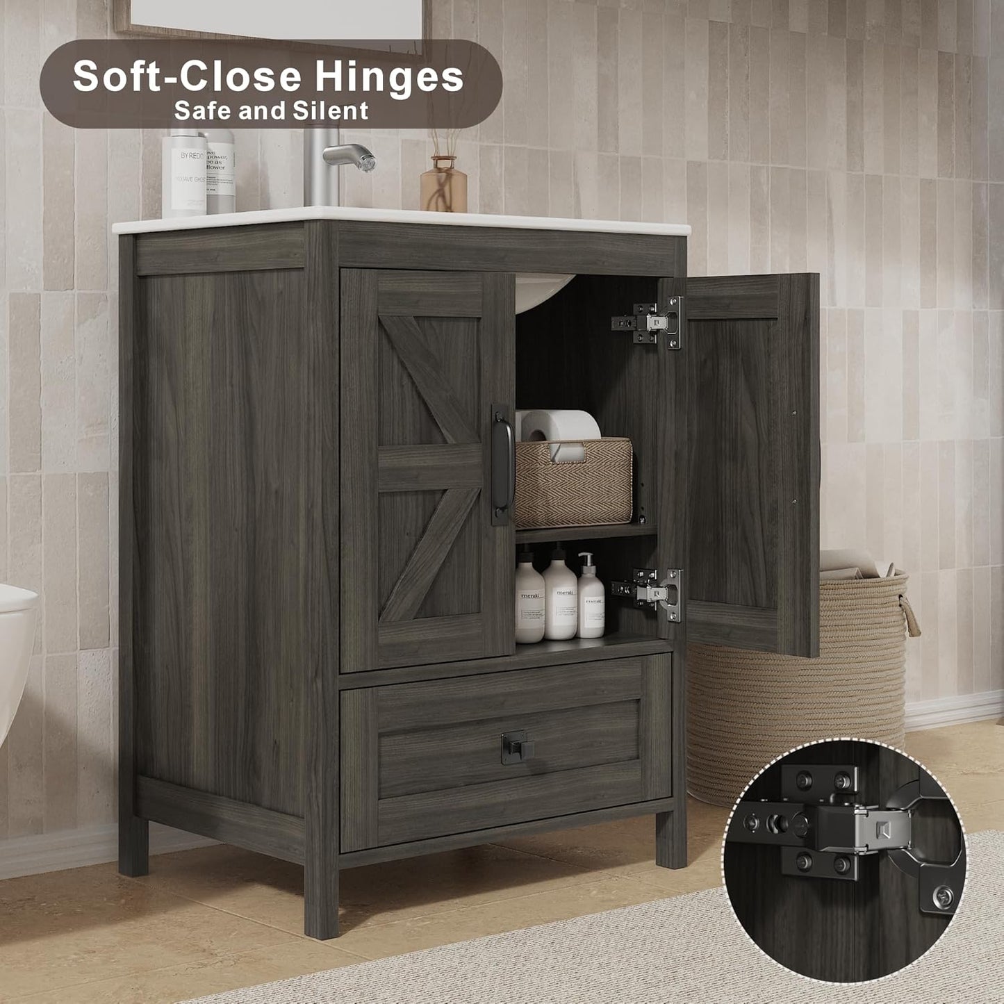 Bathroom Vanity with Ceramic Sink (24 Inch, Cabinet ONLY, Grey) - Image 6