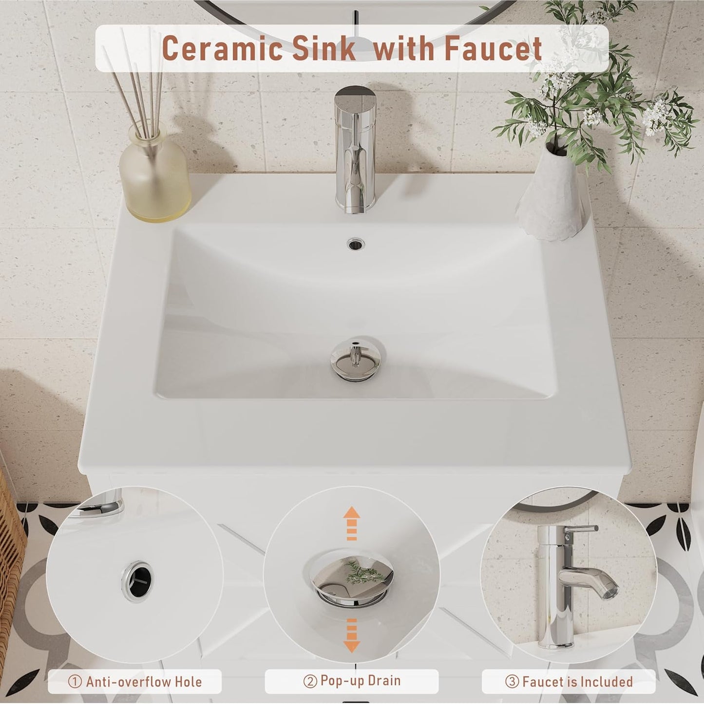 Bathroom Vanity with Ceramic Sink (24 Inch, Cabinet ONLY, White) - Image 5