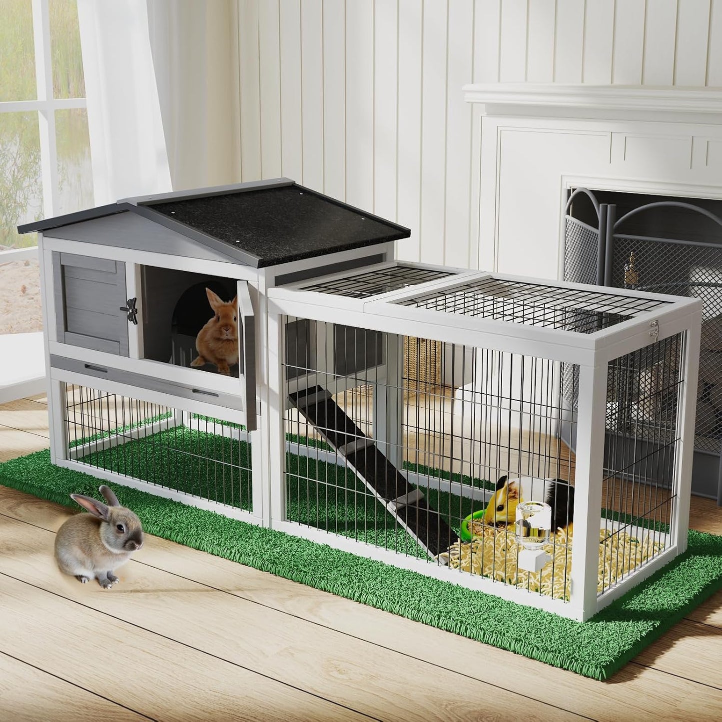 58" 2-Story Wooden Rabbit Hutch with Pull-Out Tray & Weatherproof Roof