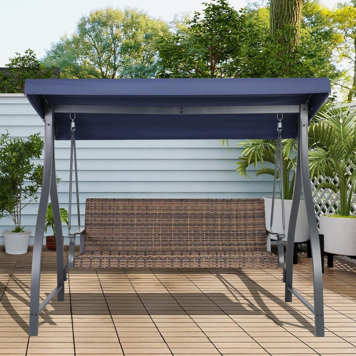 3 Seat Outdoor Porch Swing with Adjustable Canopy, PE Wicker Patio Swing Chair with Quick-Drying Foam Seat, 882 LBS Capacity - Image 3