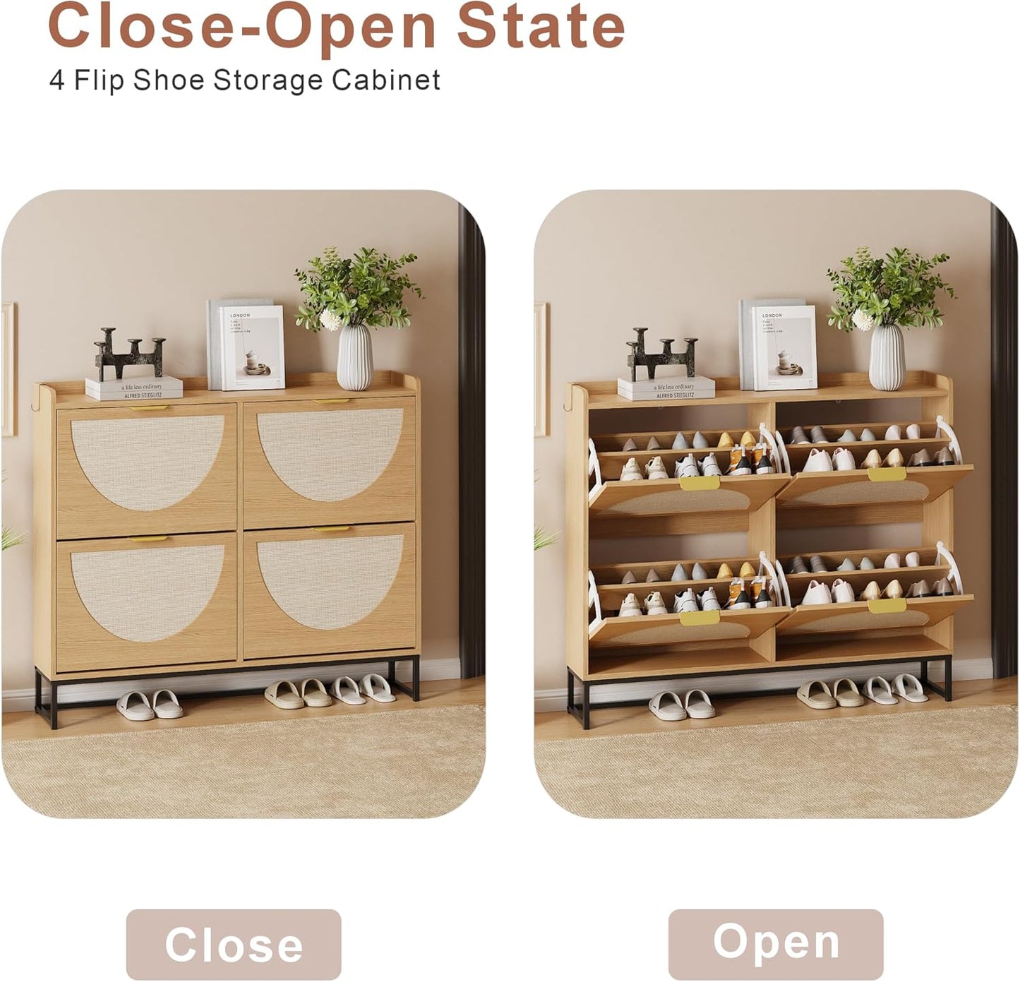 Narrow Shoe Storage Cabinet (Rattan, 4 Flip) - Image 5