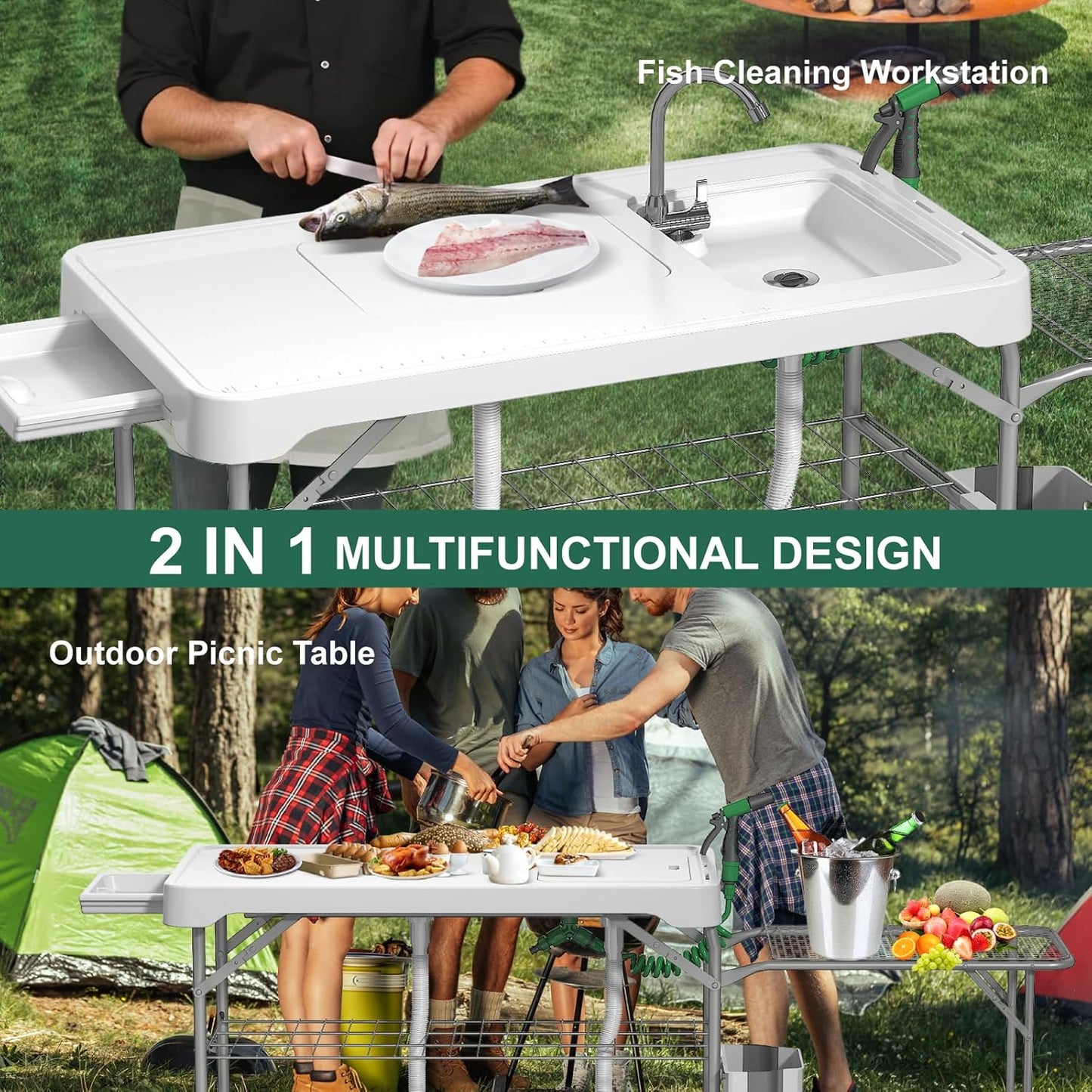 42.5" Fish Cleaning Table with Dual Sink, Portable Folding Camping Table - Image 7