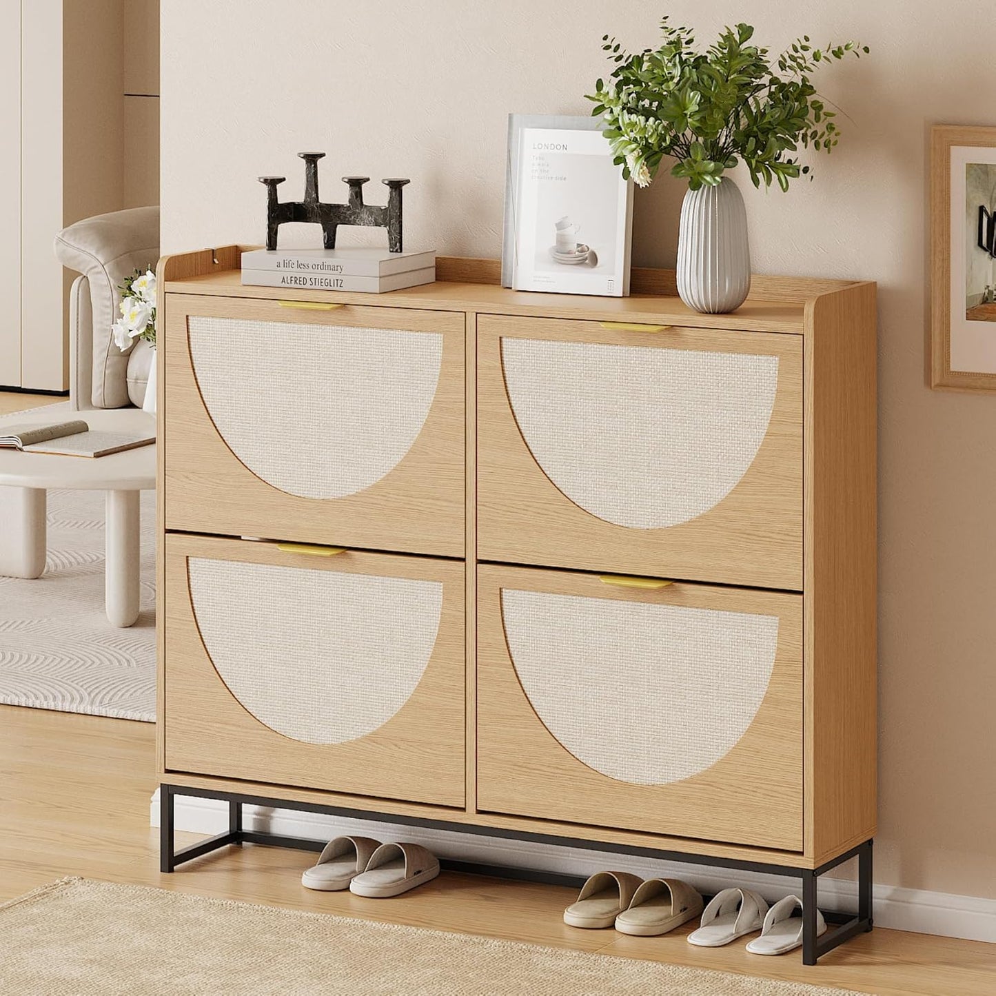 Narrow Shoe Storage Cabinet (Rattan, 4 Flip) - Image 7