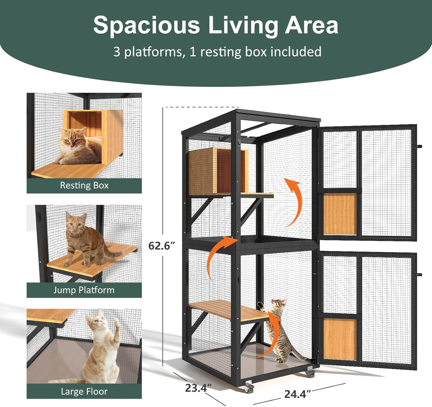 Cat Catio Outdoor Enclosure, 4 Tiers Cat Playen Catio with Wheels - Image 2