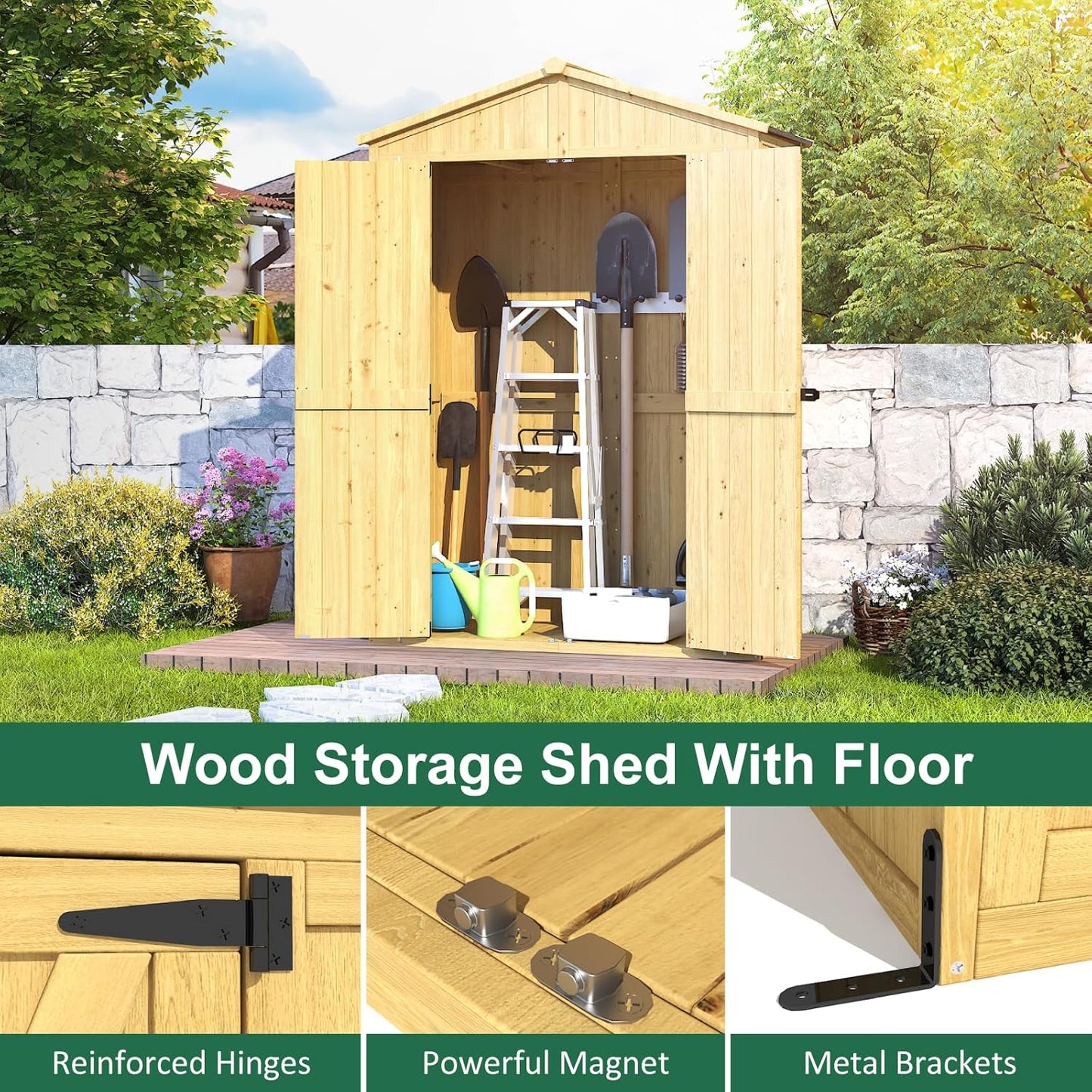Outdoor Storage Shed, 76'' Outdoor Shed Storage Cabinet, Garden Shed, Wood Tool Shed - Image 4