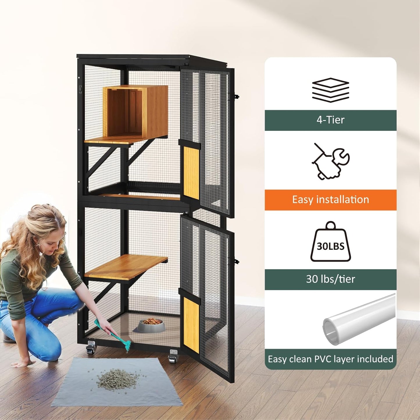 Cat Catio Outdoor Enclosure, 4 Tiers Cat Playen Catio with Wheels - Image 7