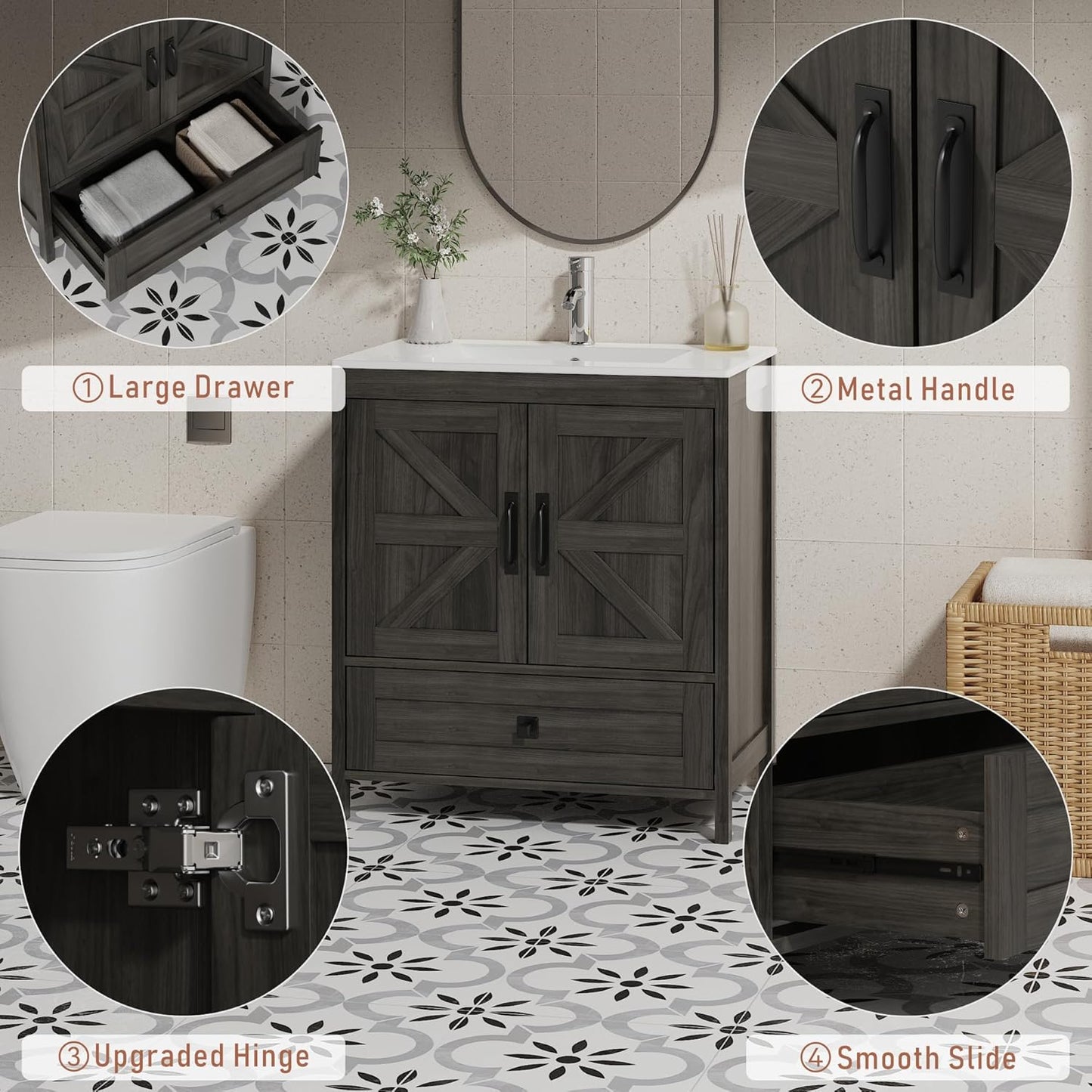 Bathroom Vanity with Ceramic Sink (30 Inch, Cabinet ONLY, Dark Grey) - Image 6