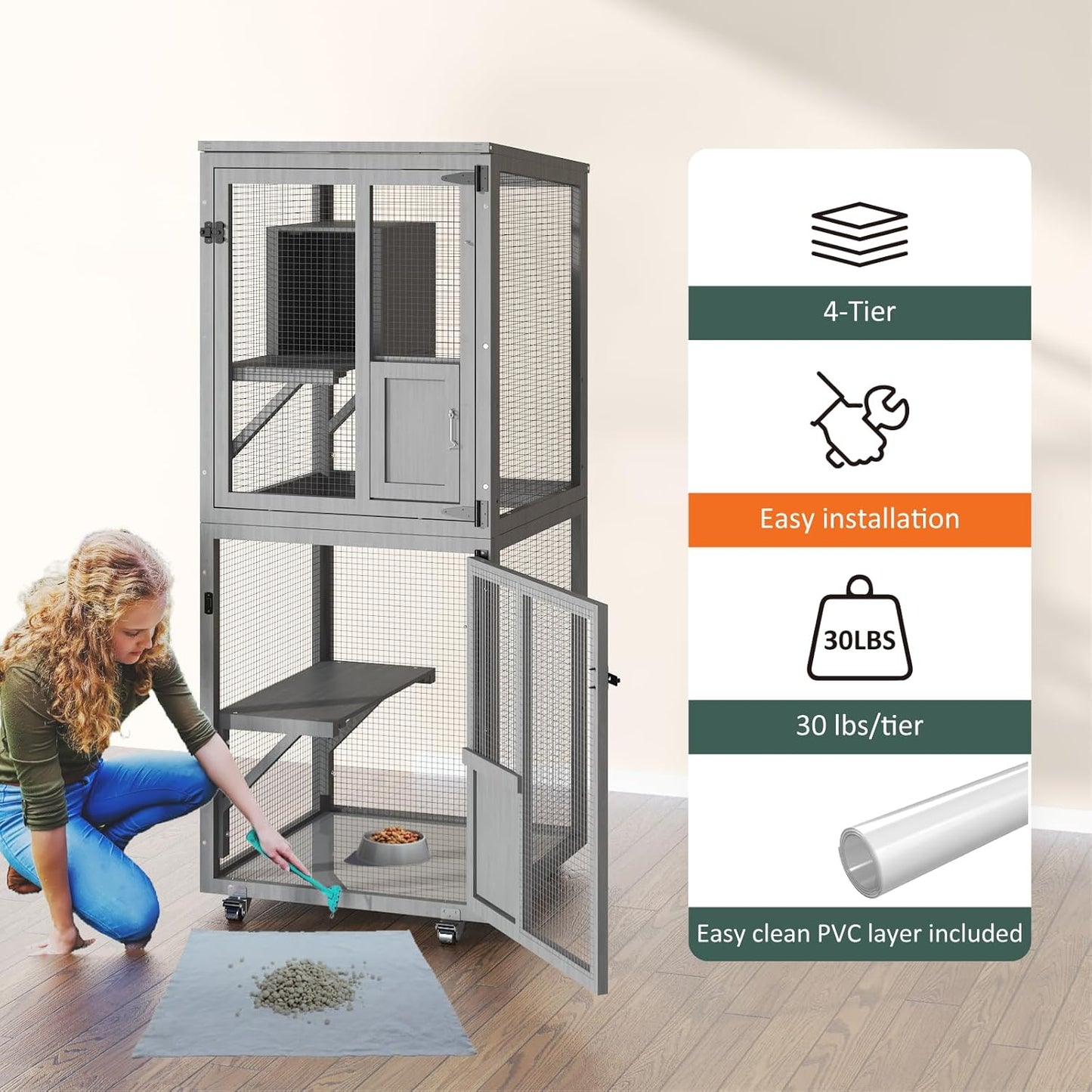 Cat Catio Outdoor Enclosure, 4 Tiers Cat Playen Catio with Wheels - Image 7