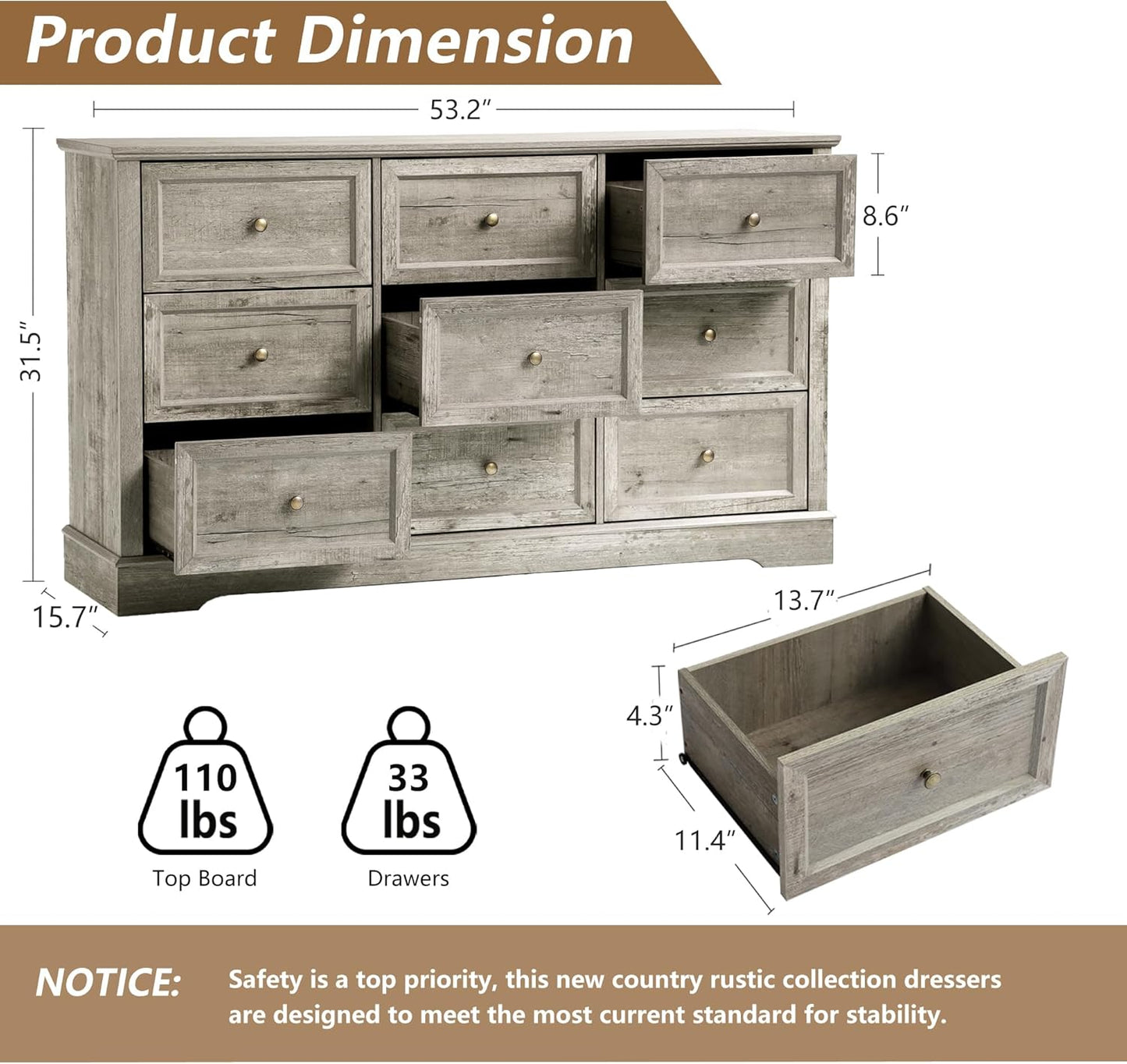 Farmhouse Dresser 9 Drawer (9 Drawers, Grey) - Image 3