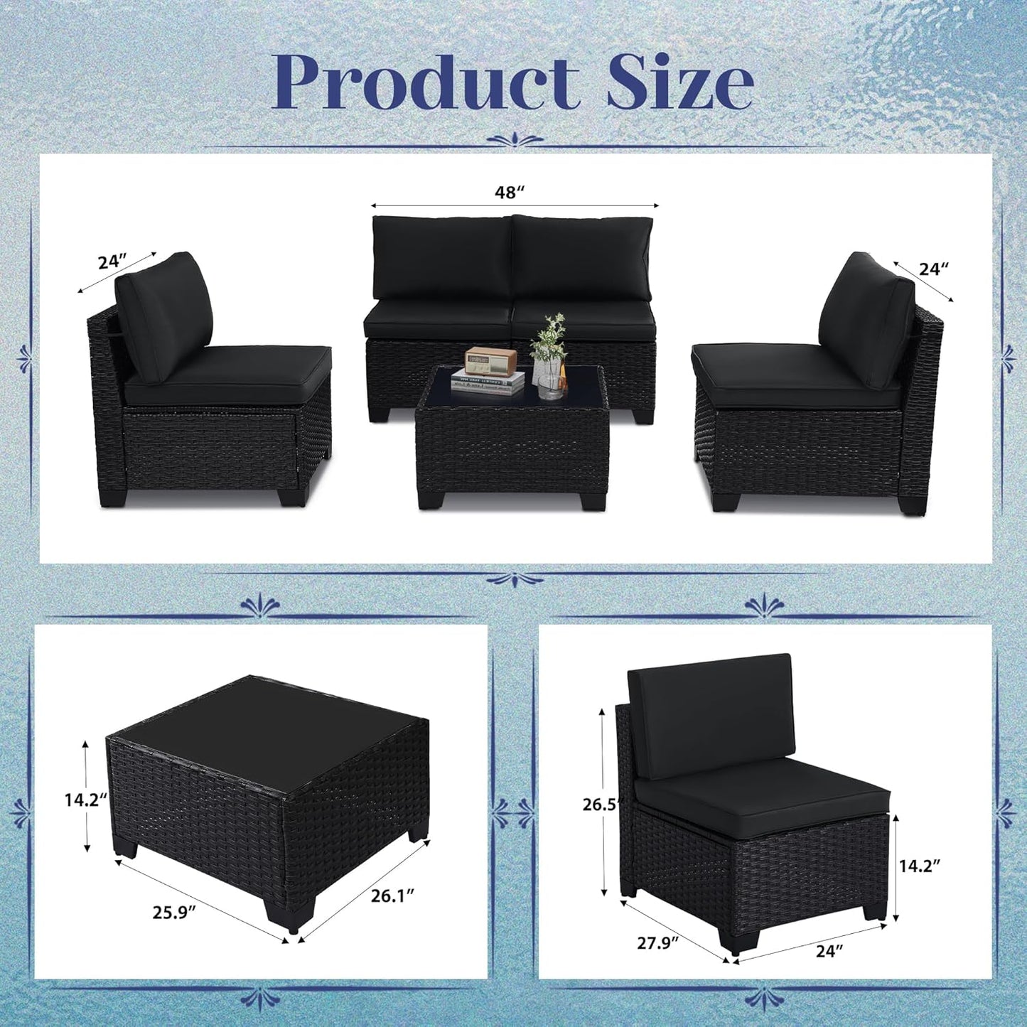 5 Piece Patio Furniture Set, Outdoor Patio Furniture Sets, Patio Conversation Set with Coffee Table, Cushions, All-Weather PE Rattan Sofa Set - Image 6