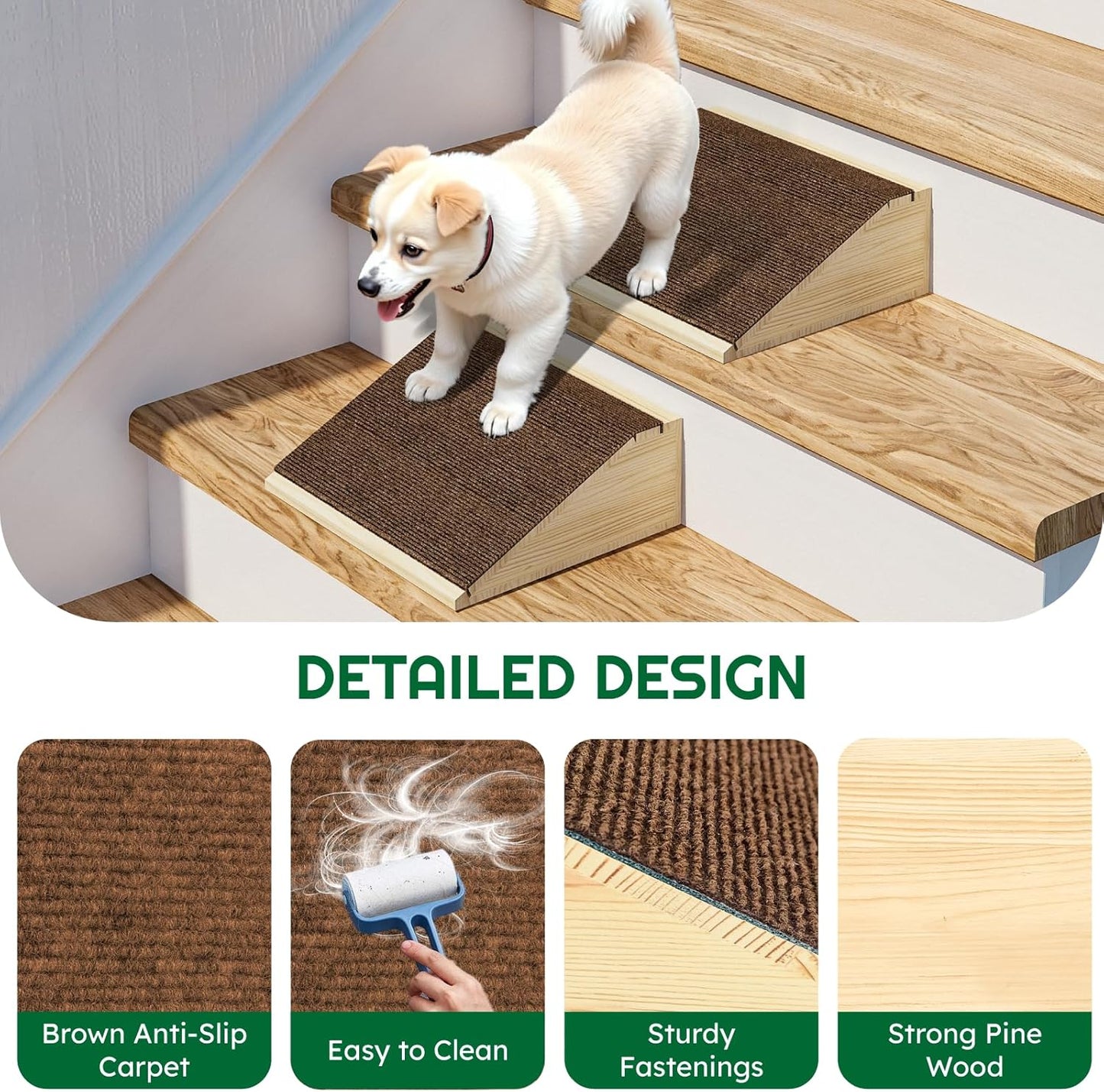 Dog Ramp for Stairs with Anti-Slip Brown Carpet, Lightweight Wooden Pet Ramp, 2 Pack - Image 3