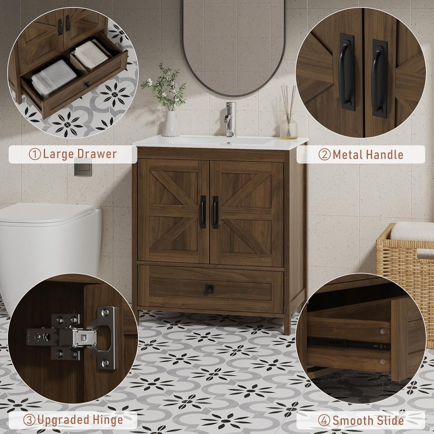 Bathroom Vanity with Ceramic Sink (30 Inch, Cabinet ONLY, Brown) - Image 6
