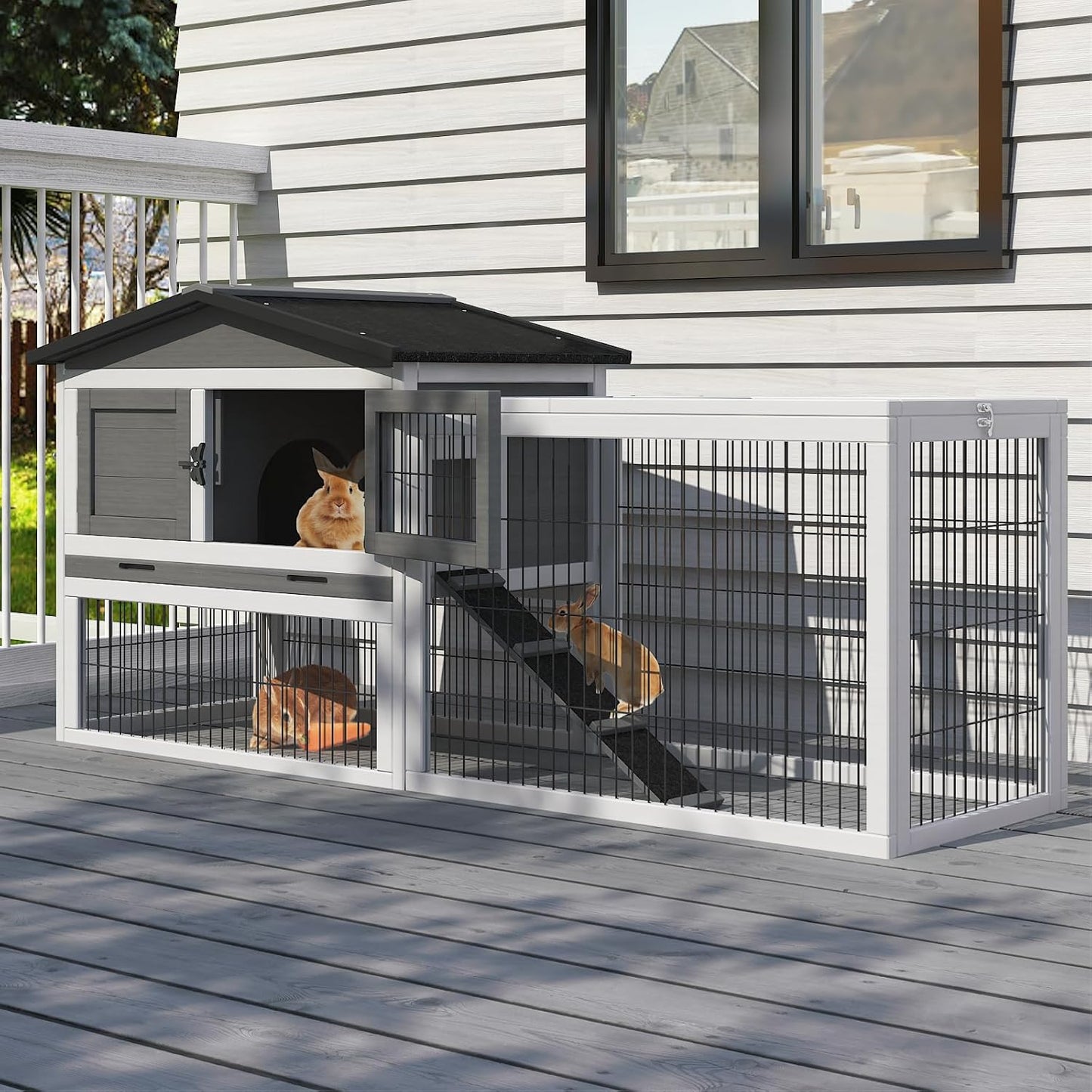 58" 2-Story Wooden Rabbit Hutch with Pull-Out Tray & Weatherproof Roof
