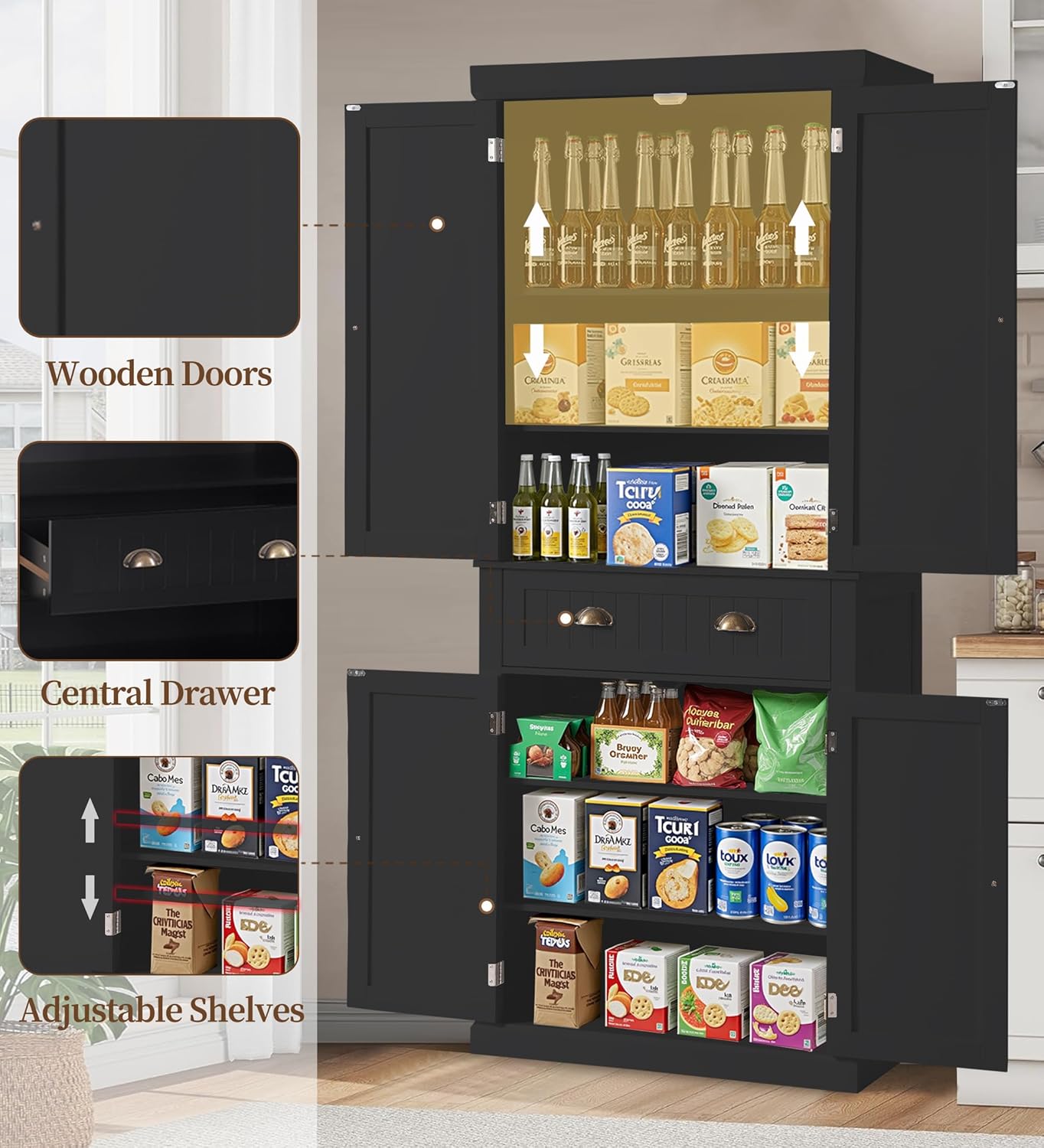Tall Kitchen Pantry Cabinet, Farmhouse Storage Cabinet with Doors, Drawer and Adjustable Shelves - Image 7