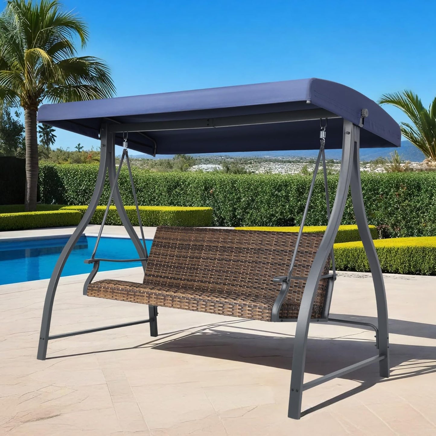 3 Seat Outdoor Porch Swing with Adjustable Canopy, PE Wicker Patio Swing Chair with Quick-Drying Foam Seat, 882 LBS Capacity - Image 2