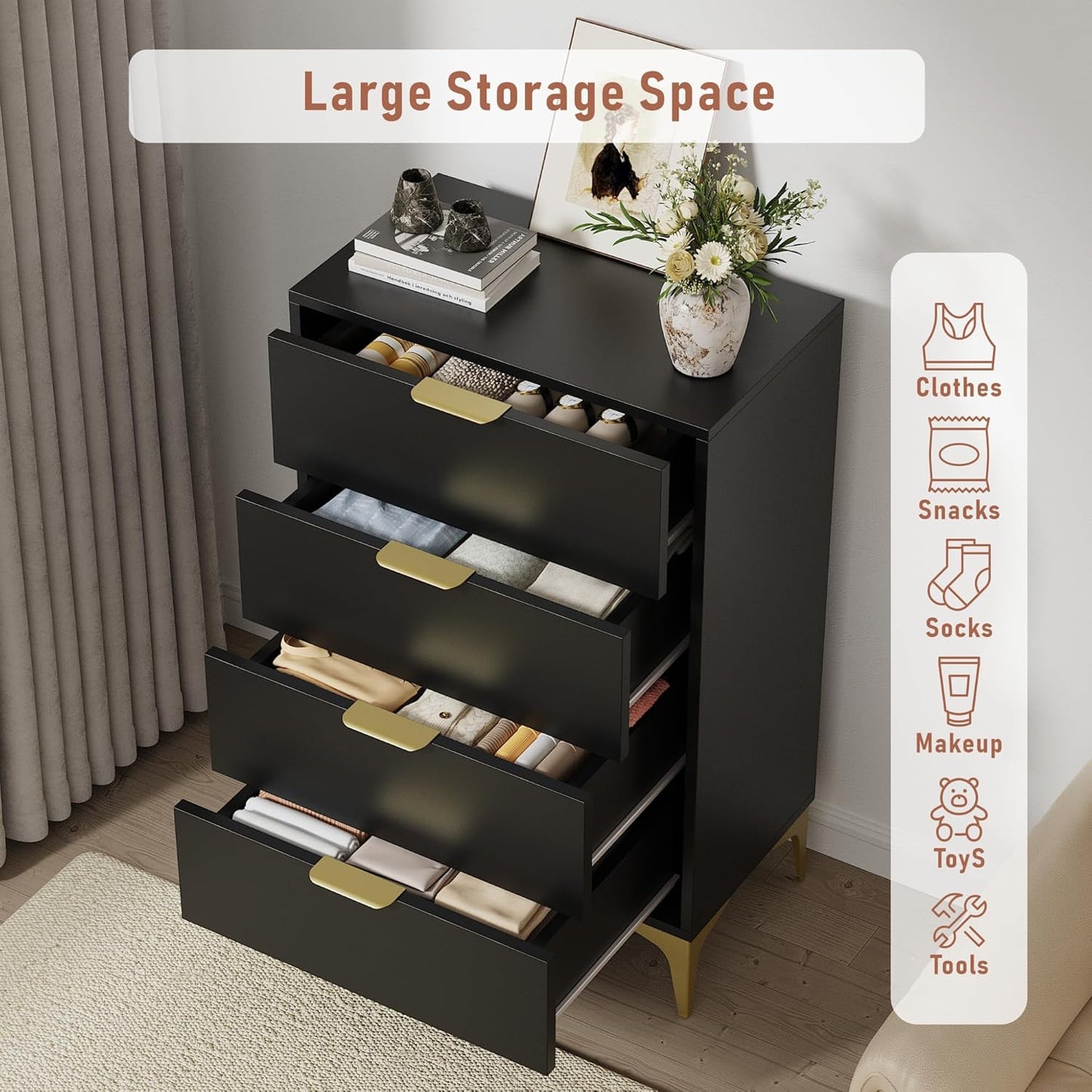 Dresser for Bedroom with 4 Drawers - Black - Image 3