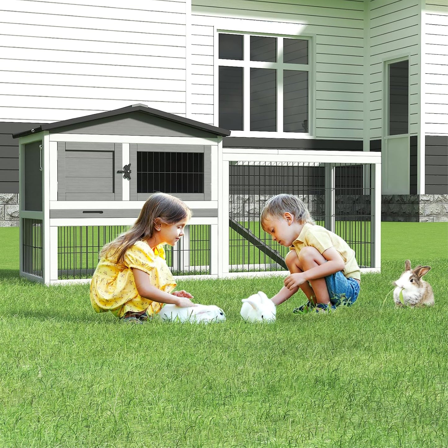 58" 2-Story Wooden Rabbit Hutch with Pull-Out Tray & Weatherproof Roof
