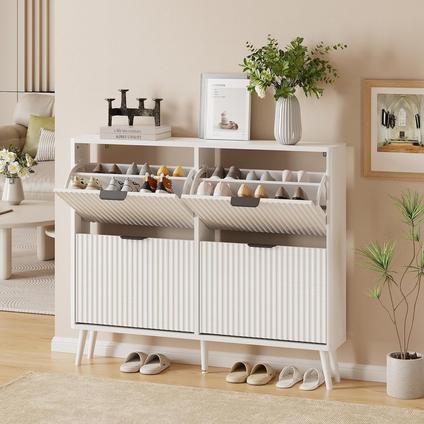 Narrow Shoe Storage Cabinet, Freestanding Shoe Cabinet Organizer for Entryway, Hallway (Pure White, 4 Flip) - Image 3