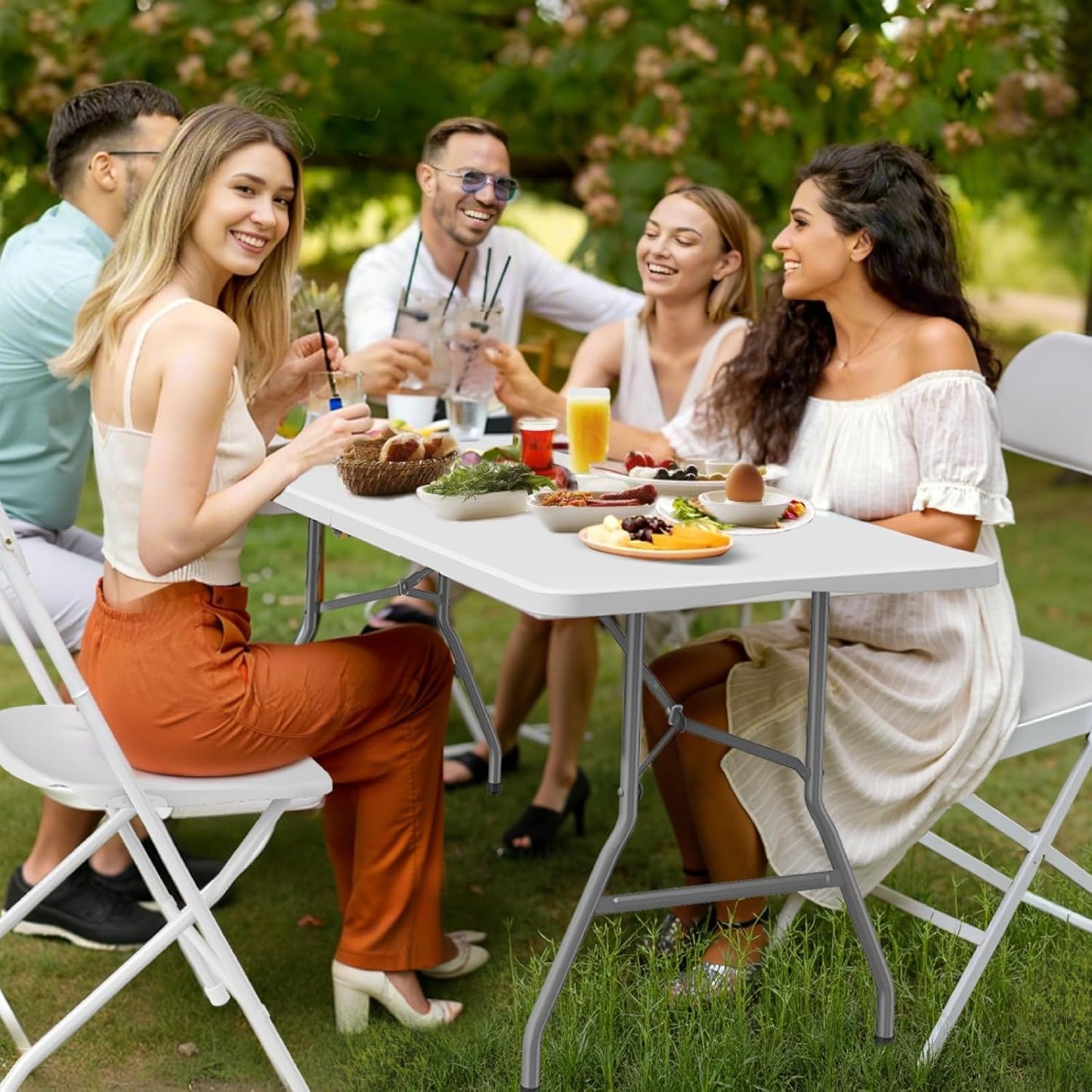 Foldable Table 6ft, Plastic Folding Table, Portable Heavy Duty Dining Table with Lock Function & Carrying Handle, Outdoor Indoor Foldable White Table for Camping Party Picnic - Image 9