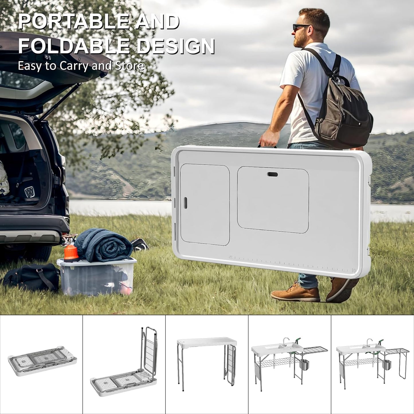 42.5" Fish Cleaning Table with Dual Sink, Portable Folding Camping Table - Image 6