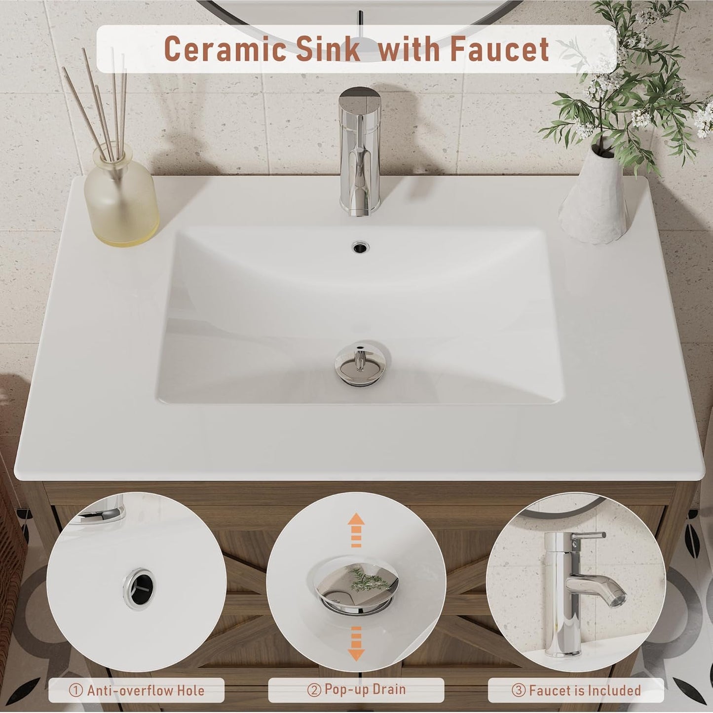 Bathroom Vanity with Ceramic Sink (30 Inch, Cabinet ONLY, Brown) - Image 5
