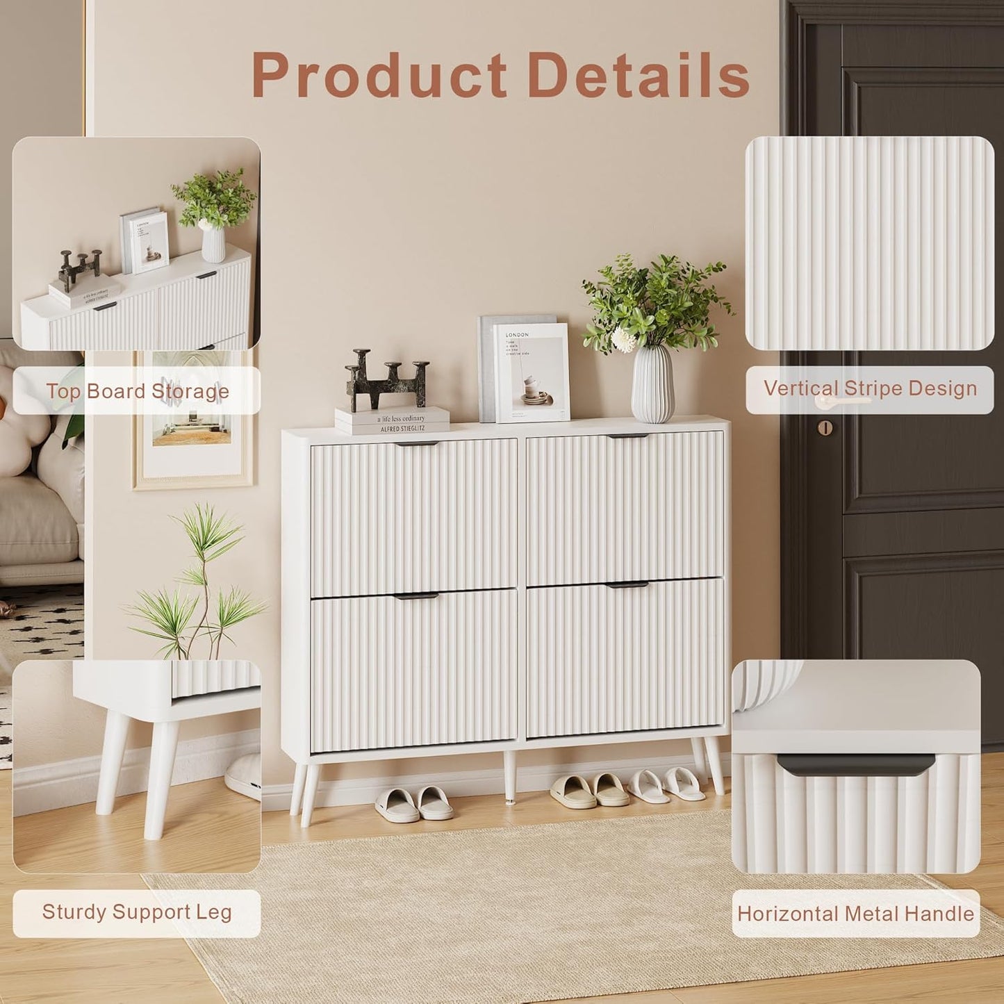 Narrow Shoe Storage Cabinet, Freestanding Shoe Cabinet Organizer for Entryway, Hallway (Pure White, 4 Flip) - Image 6