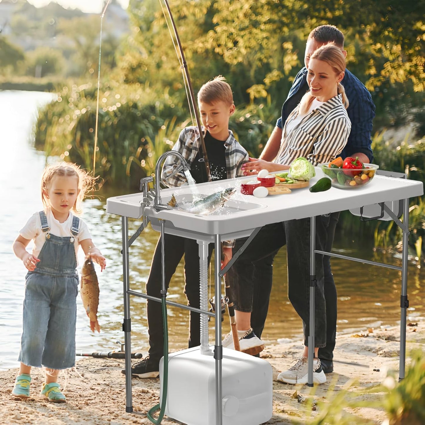 Folding Fish Cleaning Table with Sink, 50"x27" Bi-Folding Portable Camping Sink Station - Image 7