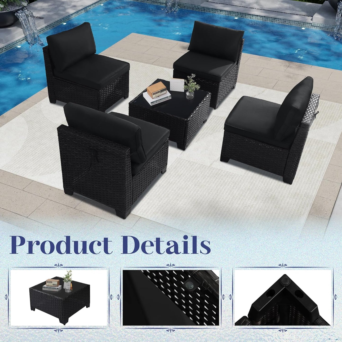 5 Piece Patio Furniture Set, Outdoor Patio Furniture Sets, Patio Conversation Set with Coffee Table, Cushions, All-Weather PE Rattan Sofa Set - Image 4